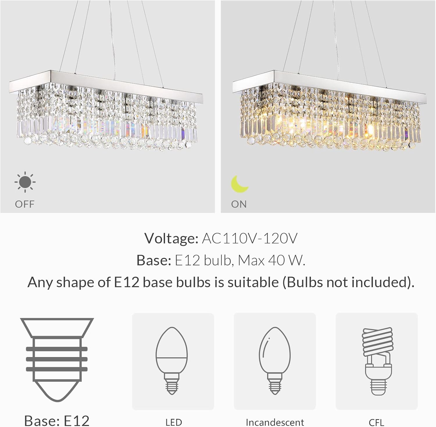 Siljoy 6-Light Modern Crystal Chandelier For Dining Room, Rectangular K9 Crystal Raindrop Chandelier, Rectangle Pendant Ceiling