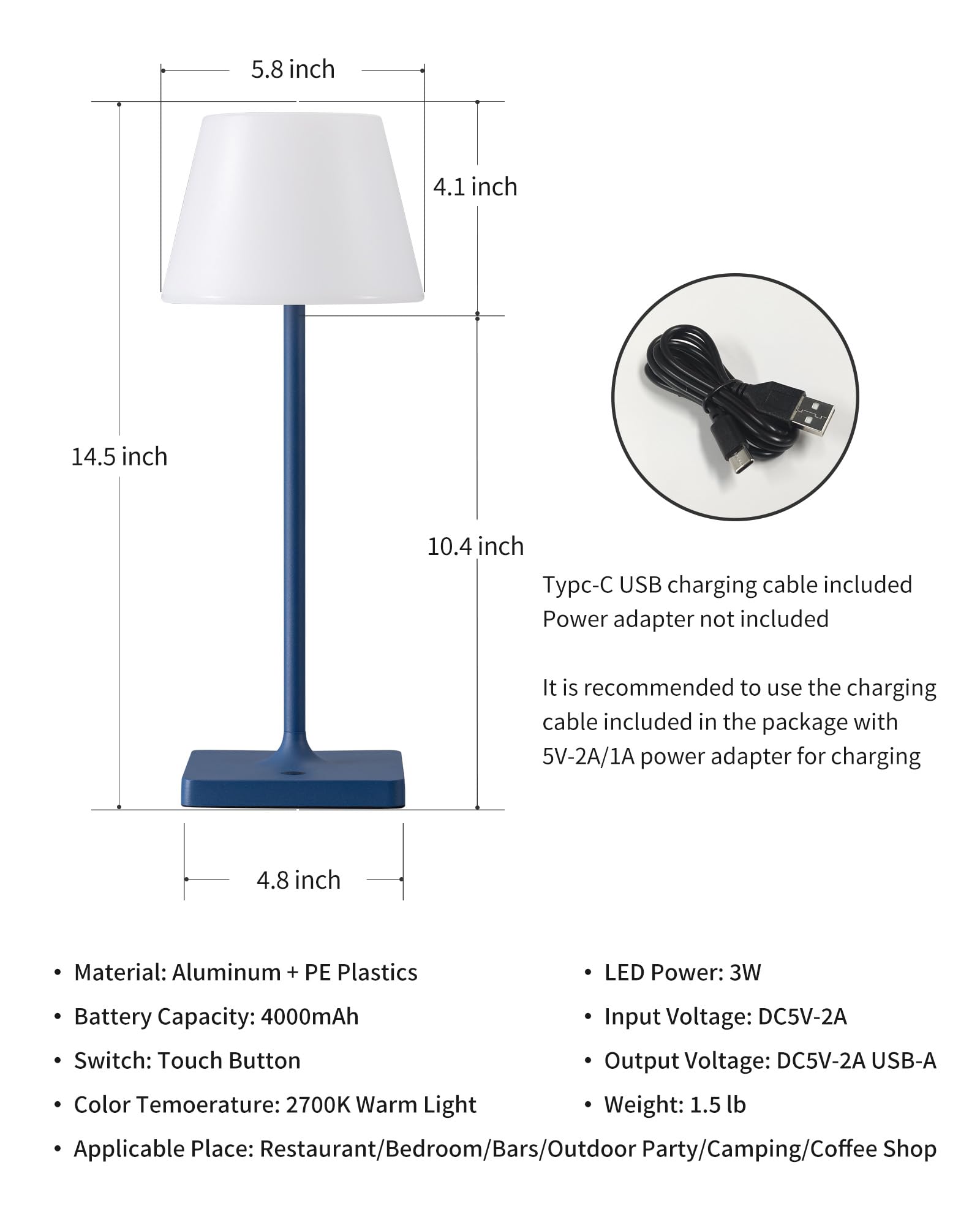 Newsee Cordless Portable Touch Table Lamp Waterproof Set Of 2, 4000Mah Rechargeable Battery Powered Dimmable Led Desk Lamps, Mod