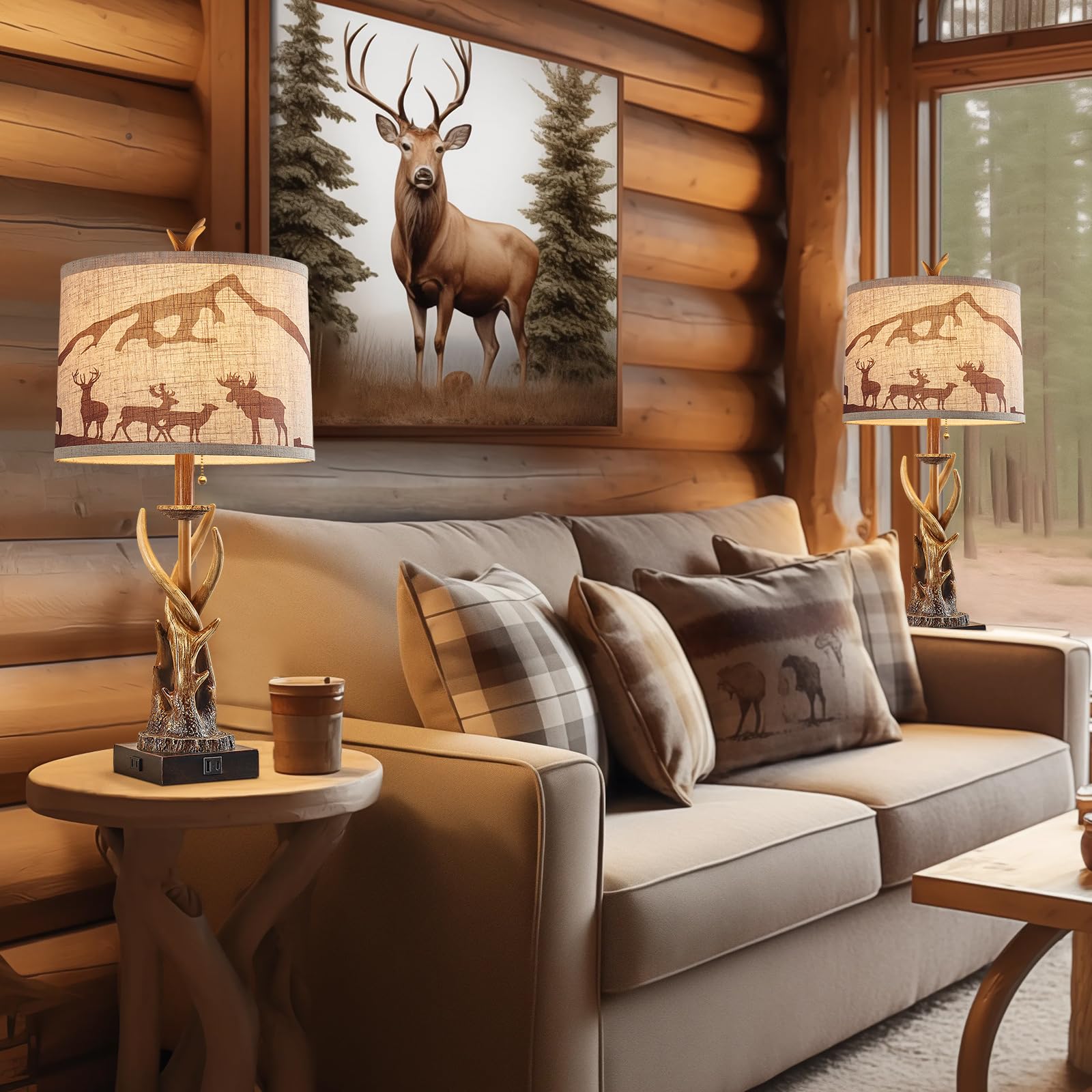 Bowobo Antler Table Lamps Set Of 2 For Bedroom, Farmhouse Rustic Antler Deer Bedside Lamps With Usb A+C Ports For Living Room En