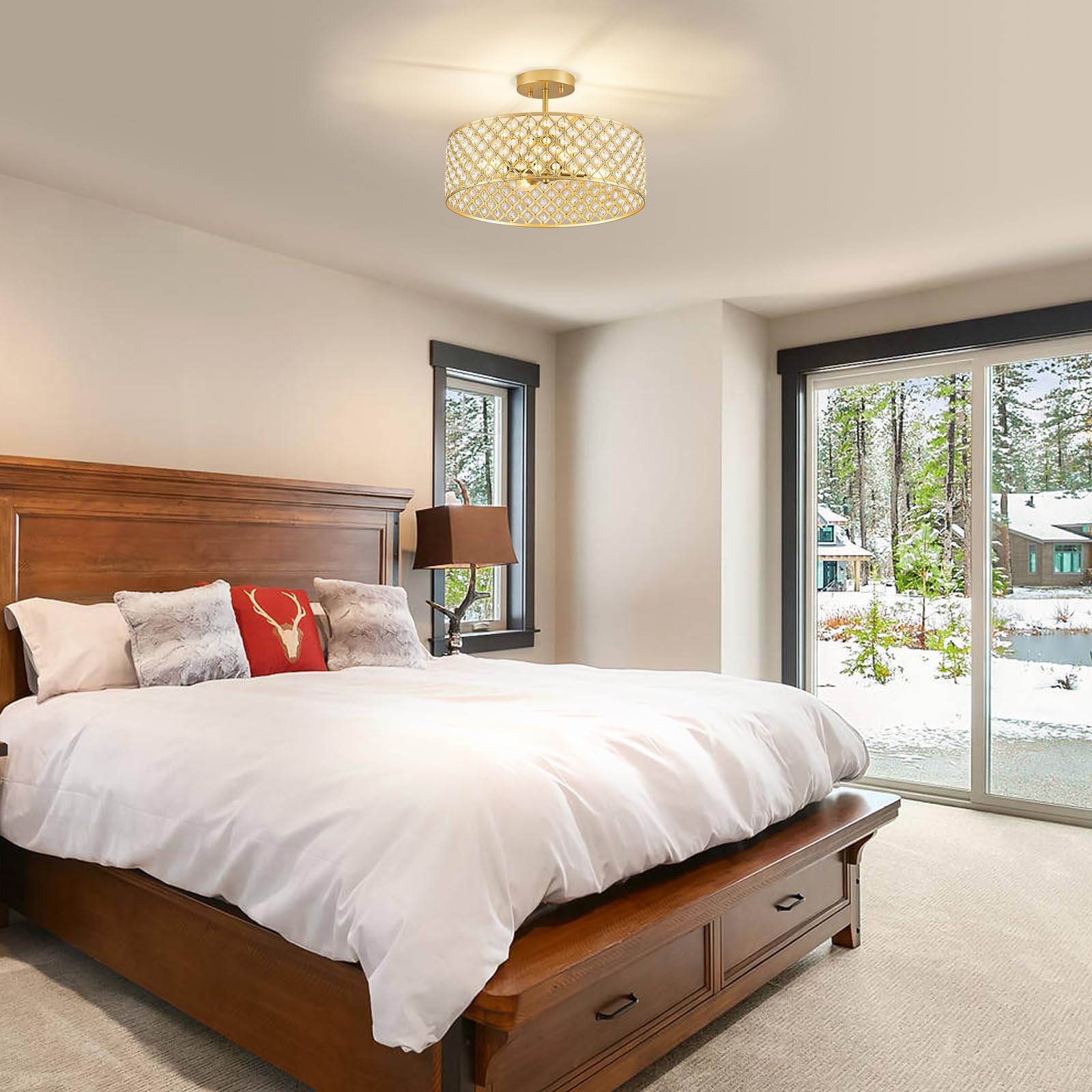 Bzvesr Gold Crystal Ceiling Light Fixture Modern Semi Flush Mount Ceiling Lighting Fixture Round Small Chandelier For Dining Room  Hallway  Entryway  Kitchen  Bedroom Foyer 4 Light 15.7 Inch