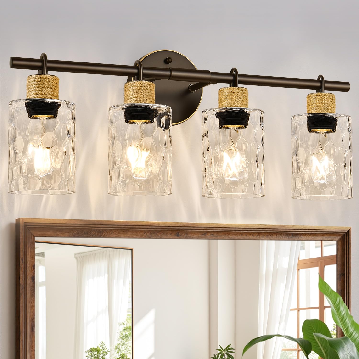 MOKATNG Bathroom Light Fixtures  4-Light Coastal Vanity Lights with Crystal Glass Shade  Oil-Rubbed Bronze Bathroom Wall Lamp for Mirror Kitchen Hallway Cabinet