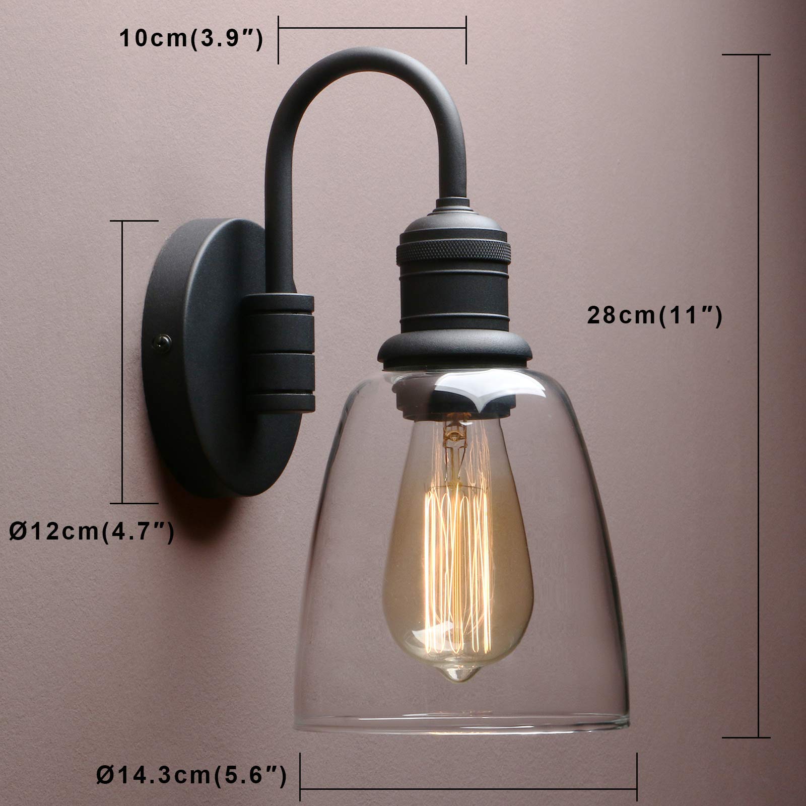 Yosoan 1-Light Vintage Wall Sconce, Black Metal Fixture with Glass Shade, Large Gooseneck Design for Bathroom, Kitchen, Living Room