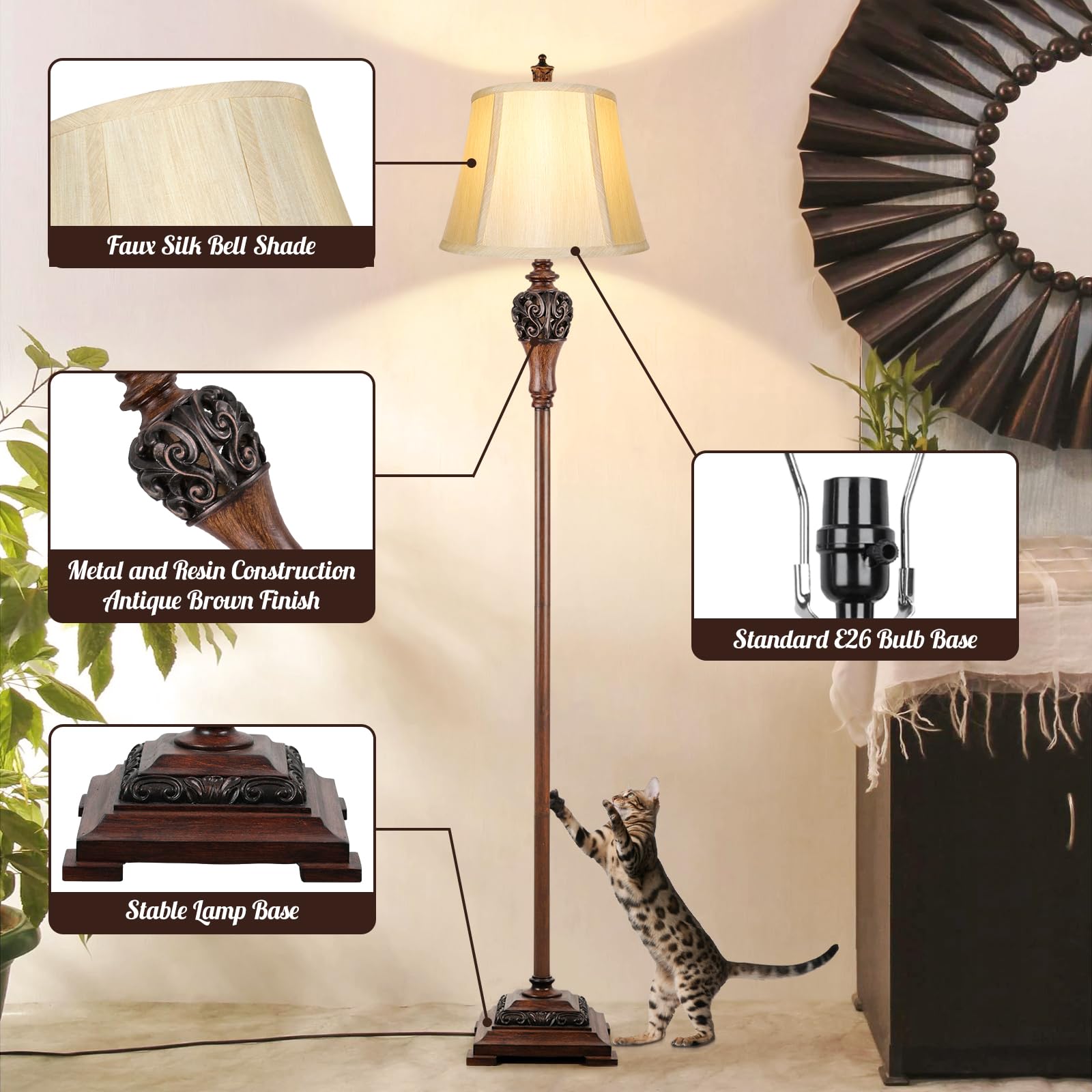 Sucolite Vintage Floor Lamp - Tall Antique Style with Cream & Brown Faux Silk Shade, Model AC029 for Living Room & Bedroom Decor