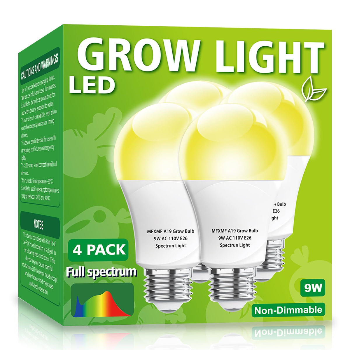 Mfxmf 4 Pack Led Grow Light Bulb A19 Bulb, Full Spectrum Plant Light Bulb, 9W E26 Grow Bulb Replace Up To 100W, Grow Light For I
