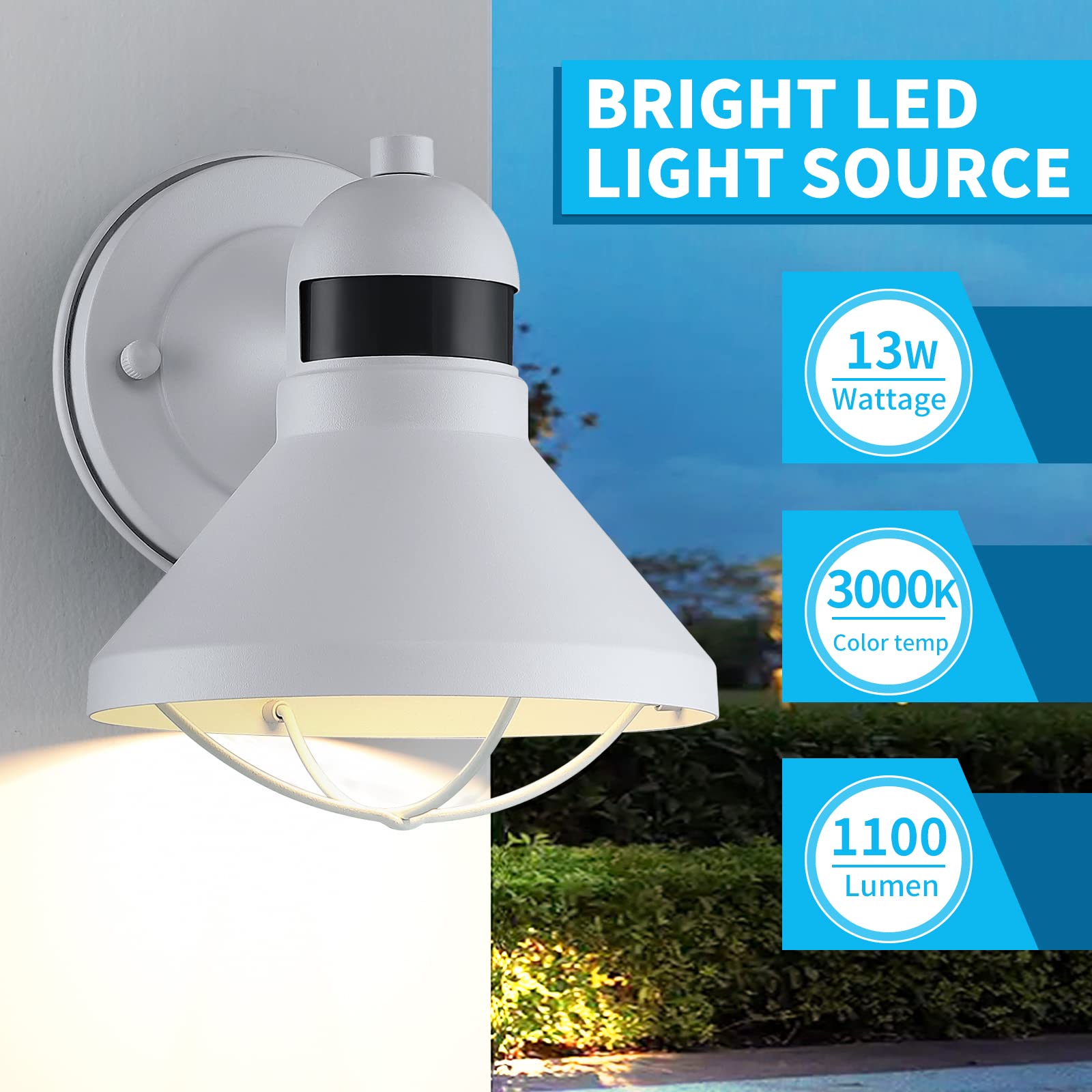 LONEDRUID Outdoor LED Porch Light, Motion Sensor, 2 Pack, White, Metal Wall Sconce for House, Patio, Garage, Farmhouse Entryway