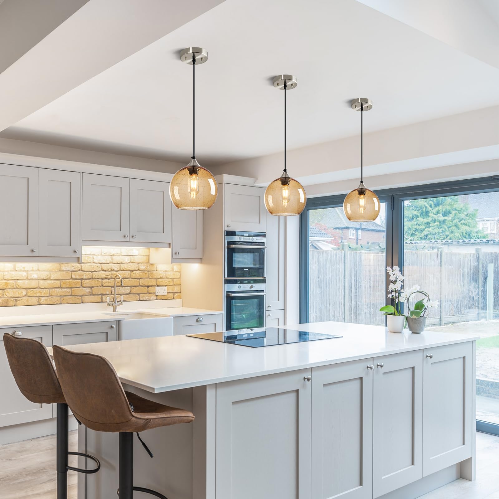 Lbsqj Light Brown Glass Pendant Lights Kitchen Island Lighting Globe Pendant Light Fixtures Modern Pendant Lighting For Bedroom Living Dining Room Light Fixture (7.87 In  2 Pack)