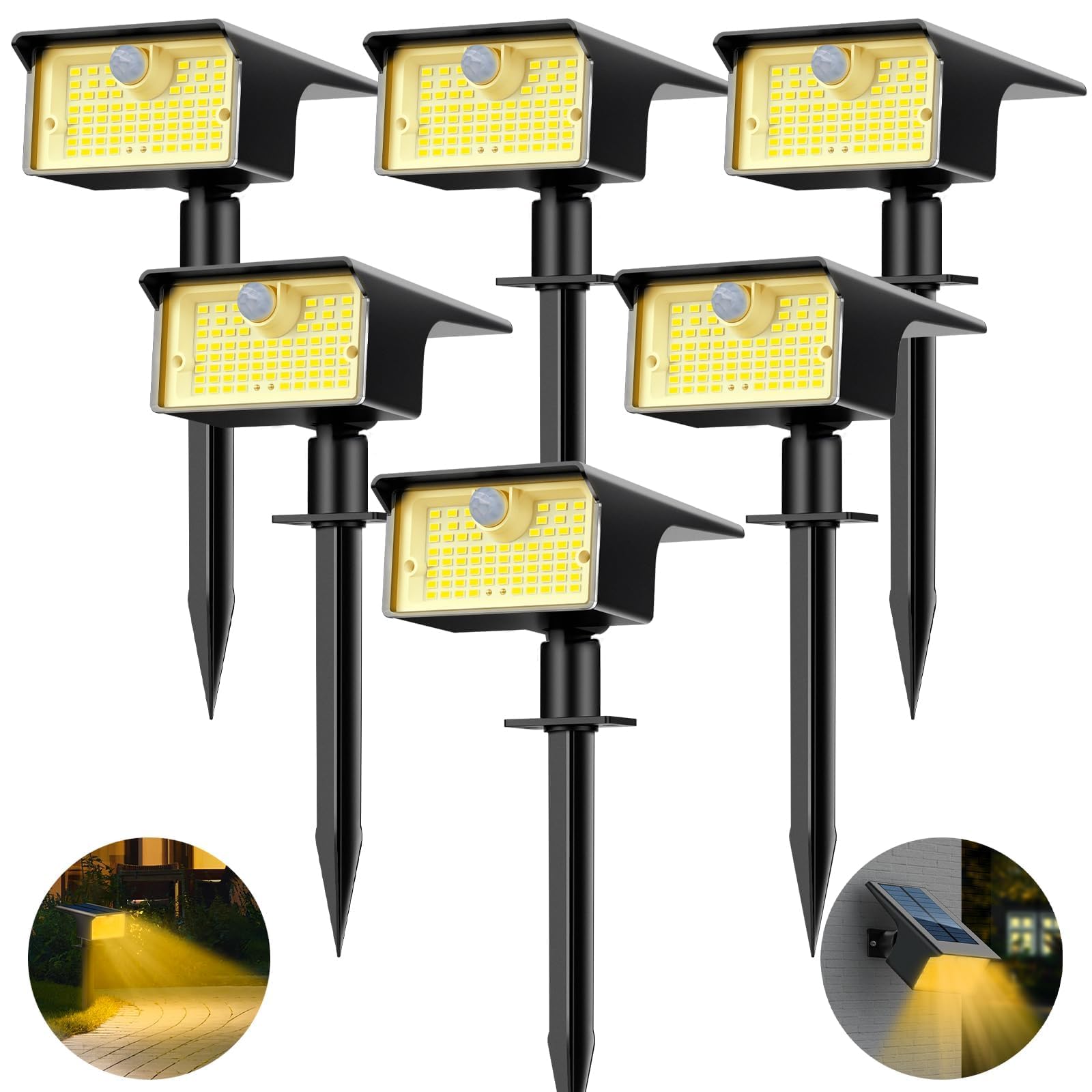nipify Solar Spot Light, 6 Pack/62 LED, Motion Sensor, Warm White, Waterproof, for Outdoor Yard Pathway