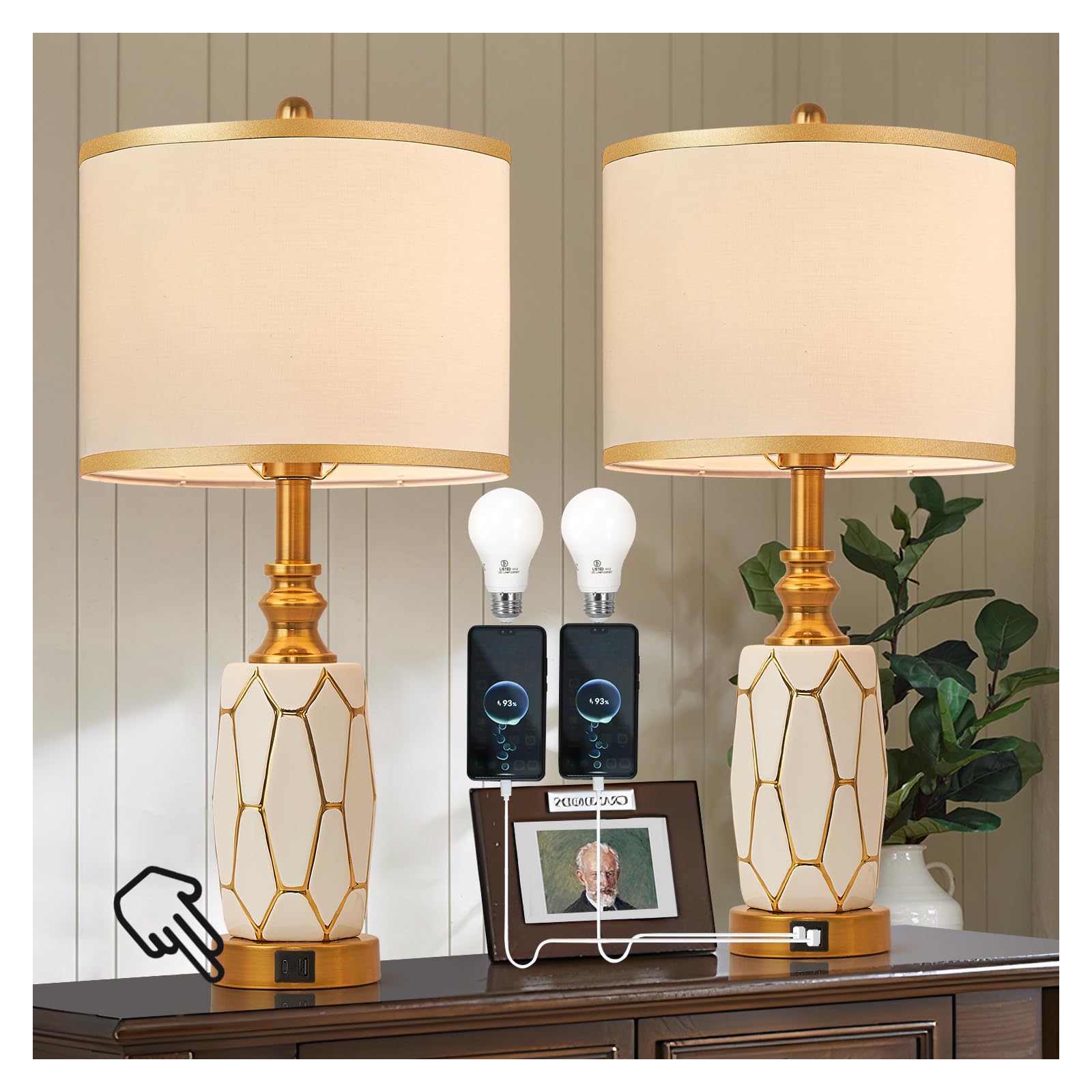 Workluurop Set Of 2 Touch Control Table Lamps, Modern Ceramic With Usb Ports, White & Gold