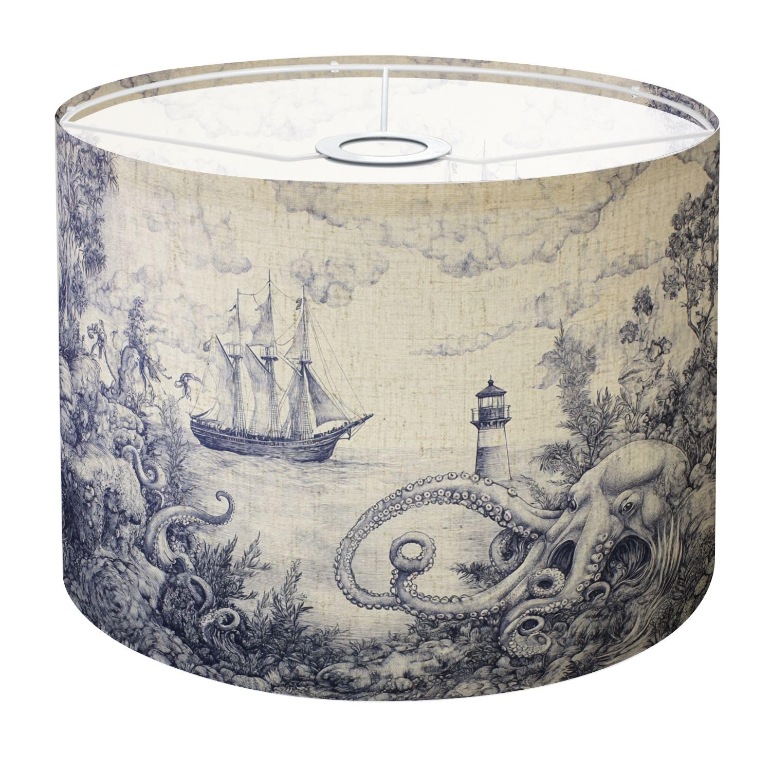 Drum Lamp Shade Blue Deep Sea Toile Sailing Ship Octopus Lighthouse Clouds Ocean Waves Lampshade 8.9x11x11 for Table Lamps Floor