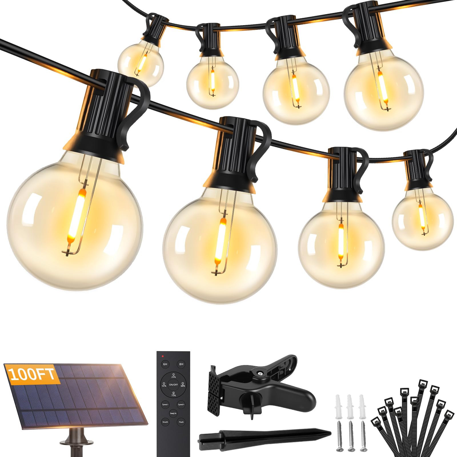 Brightever 100FT Solar String Lights Outdoor with Remote and 36+2 LED Shatterproof G40 Bulbs, Dimmable & Timable, 3 Lighting Mod