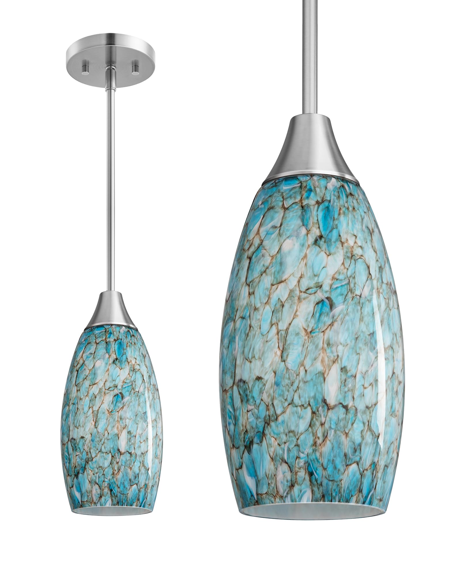 EDISHINE Pendant Light, Hand Blown Glass, Adjustable Brushed Nickel Rods, Light Blue, Model HHPL08C