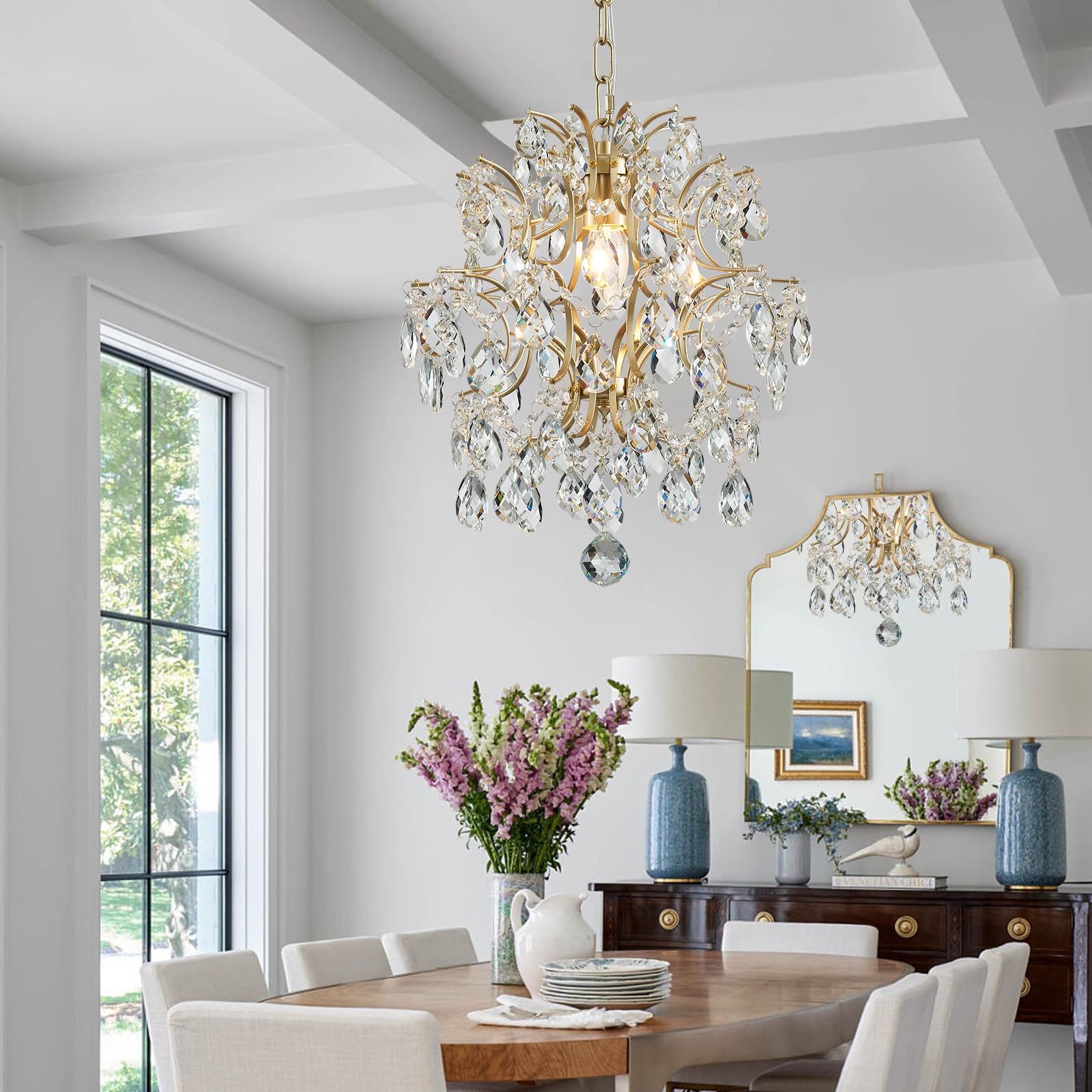 Bestier Gold Pendant Chandelier - Modern Crystal Raindrop Lighting, H 40cm x D 32cm, for Dining Room, Bathroom, Bedroom, Model AK-AJ-18162