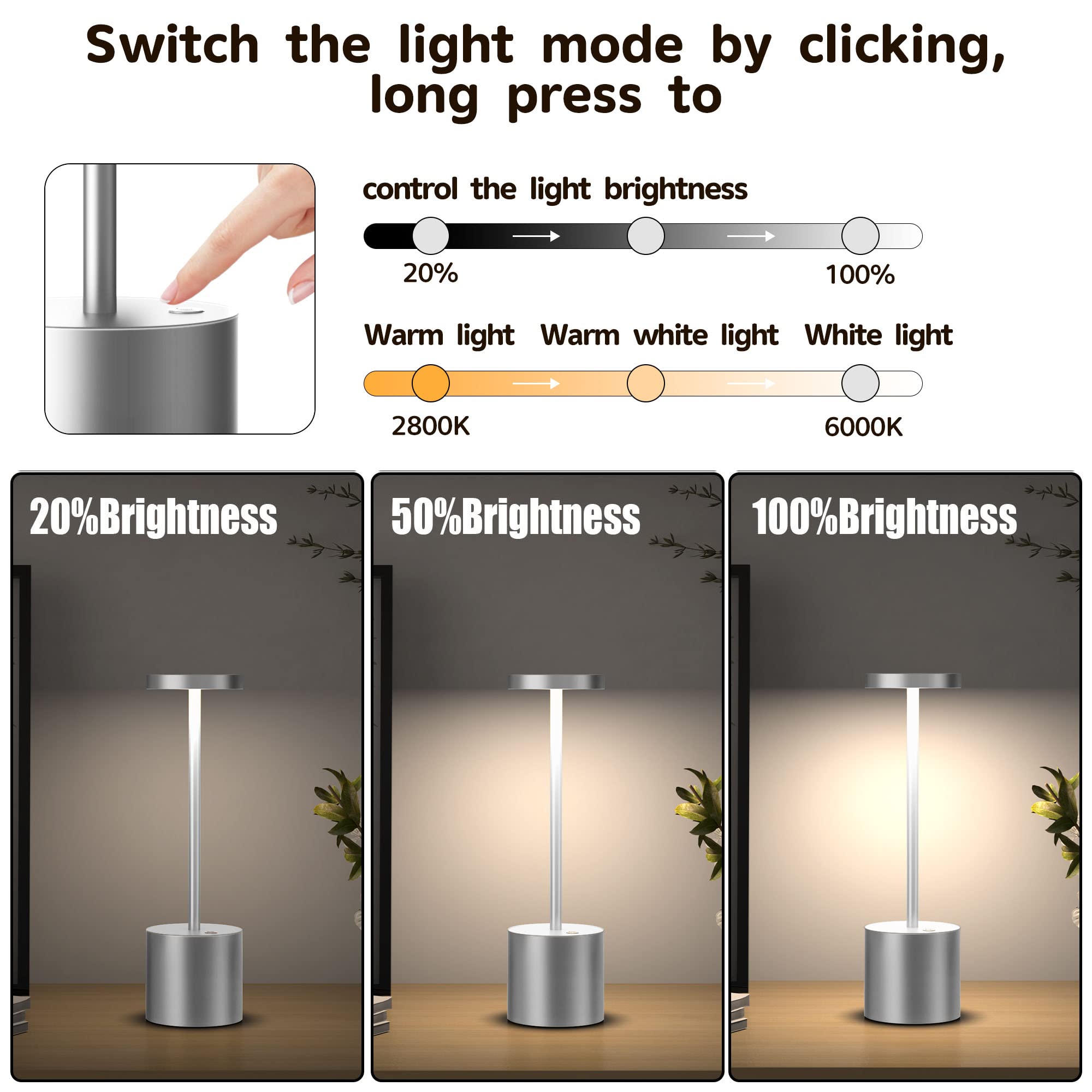 YIBEN Cordless Table Lamp, Rechargeable LED, 5000mAh, 3 Levels Brightness, 10.25in, Silver, 2-Pack, Model S801-B