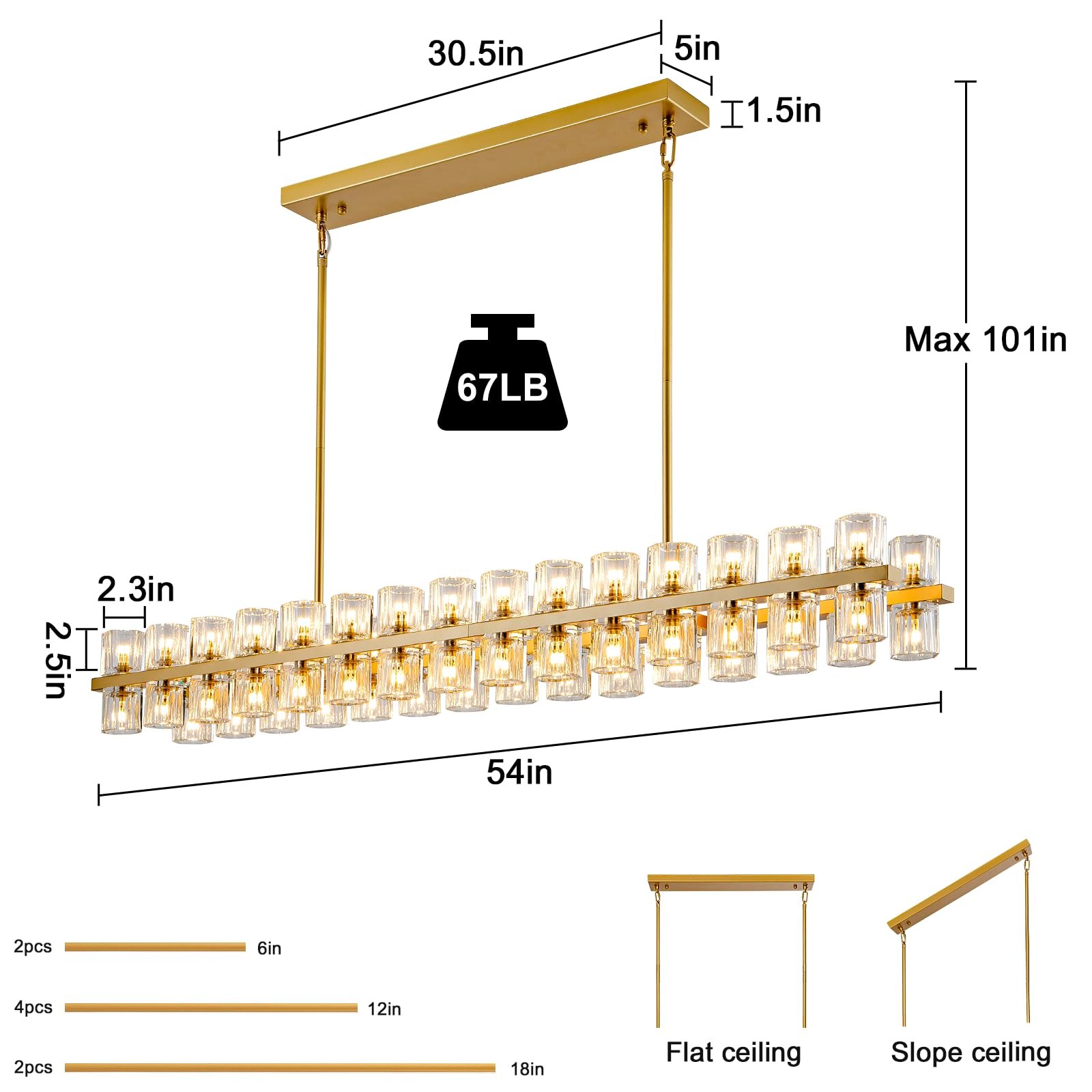 Plsintly Crystal Brass Rectangle Chandeliers For Dining Room, 54In Gold Farmhouse Chandeliers For Dining Room, Modern Rectangle