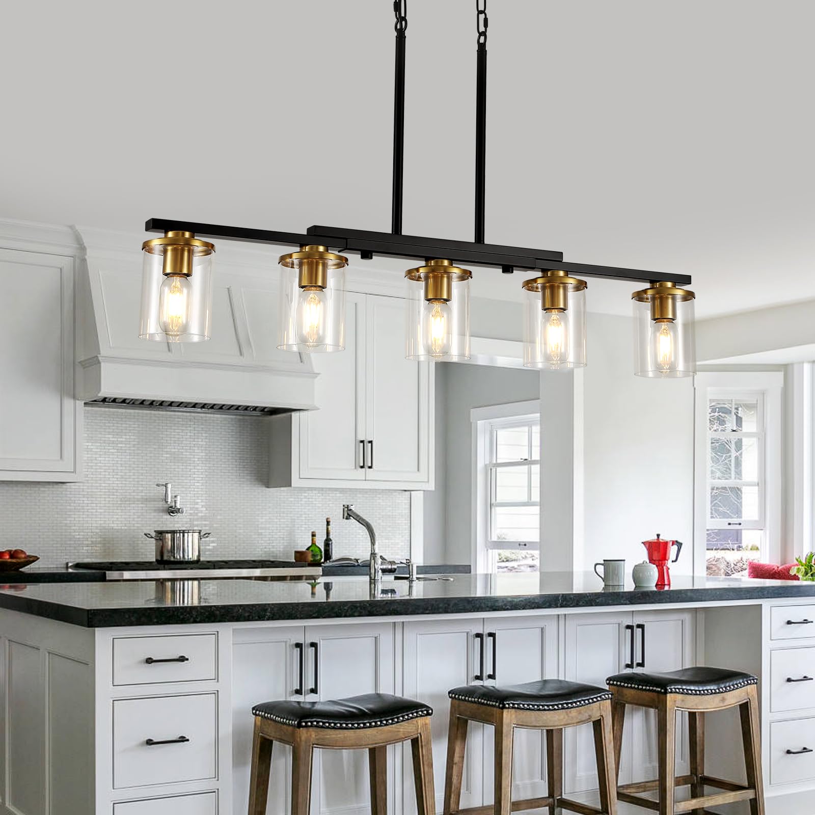 XvmBvm 5-Light Kitchen Island Lighting Chandelier, Modern Rustic Black and Gold, Clear Glass Shade, 36.2inch, Ideal for Dining Room