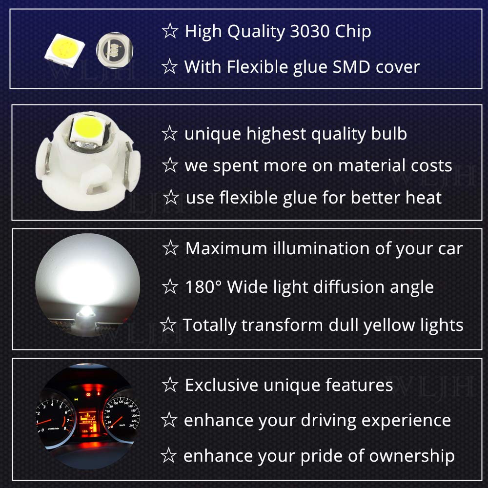 Wljh 10X White T4.2 Neo Wedge 3030 Chipest 10Mm Base Led Car Instrument Cluster Bulb Dashboard Gauge Hvac Ac Heater Climate Cont