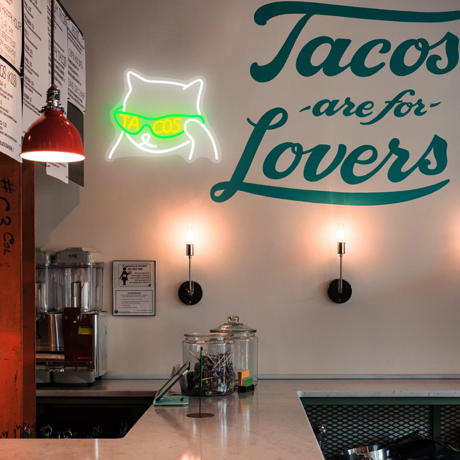 AUGELRE Tacos Sunglasses Neon Sign - Dimmable LED Wall Decor, 15.35inx12.6in, Green White, for Bedroom, Bar, Party Decorations