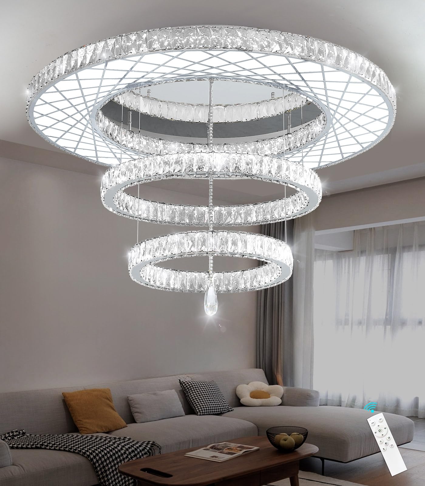 HAIXIANG 48" Gold Crystal Chandelier Ceiling Light, Dimmable LED, Luxury Living Room Fixture, Model MMQ3831