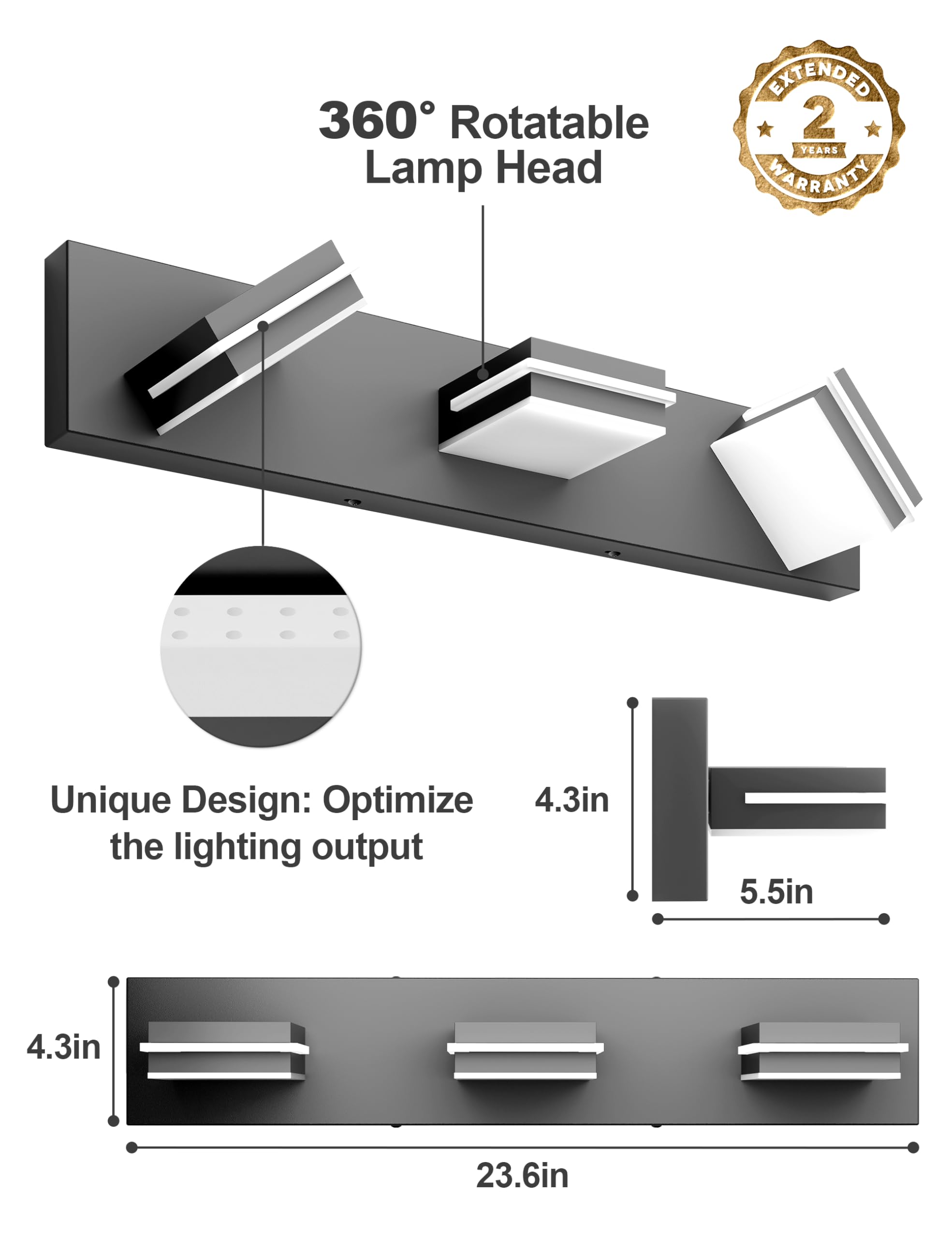 Volisun Modern Bathroom Vanity Light Fixtures (3-Light, 24-Inch), Matte Black Led Bathroom Lighting Fixtures Over Mirror, 360?Ro