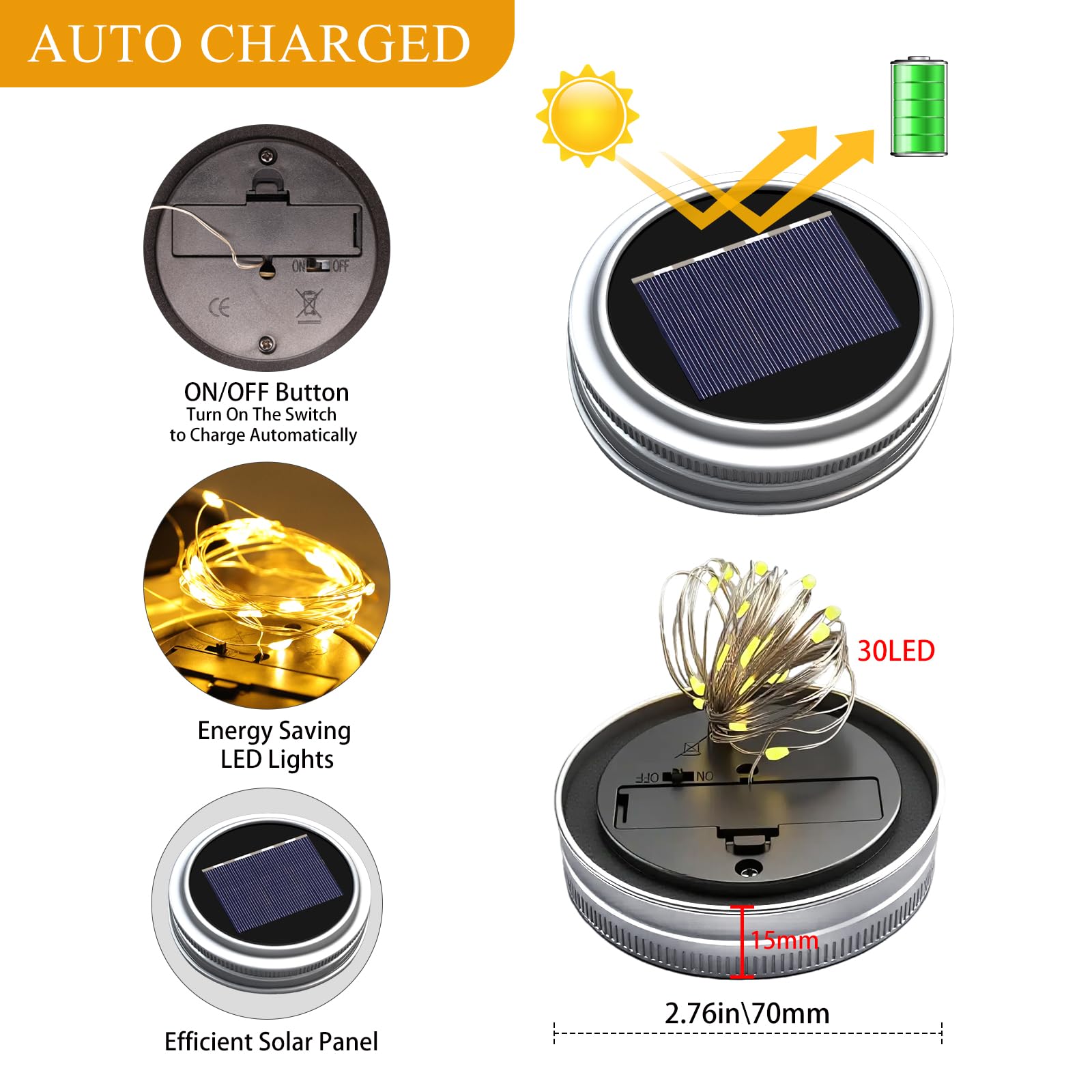 Znycye Mason Jar Solar Lights For Outside, 6 Pack 30 Led Fairy Lights Mason Jar Solar Lids Outdoor Waterproof String Lights With