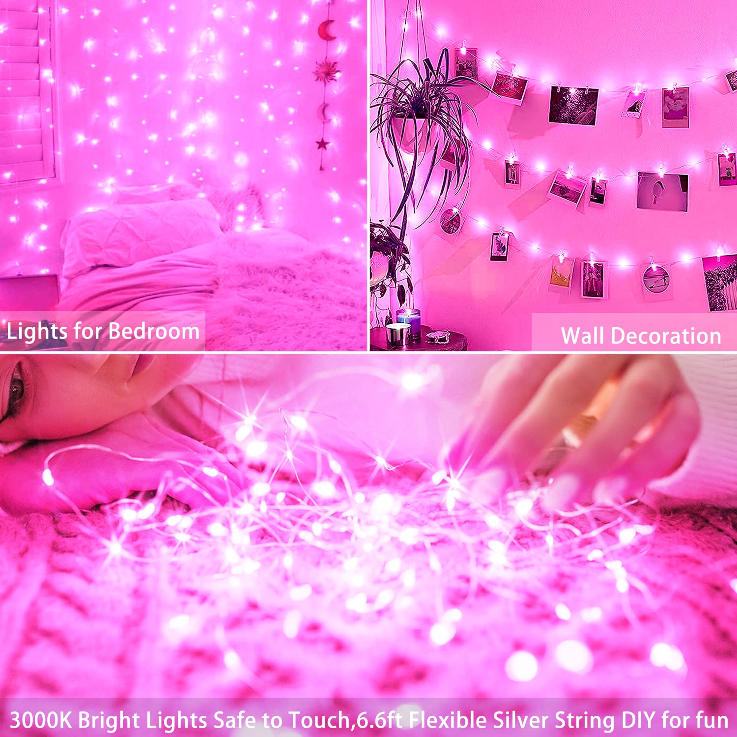 15 Packs 20 Led Pink Fairy String Lights Battery Operated 6.6ft Silver Wire Firefly Starry Lights Waterproof for Bedroom DIY Tab