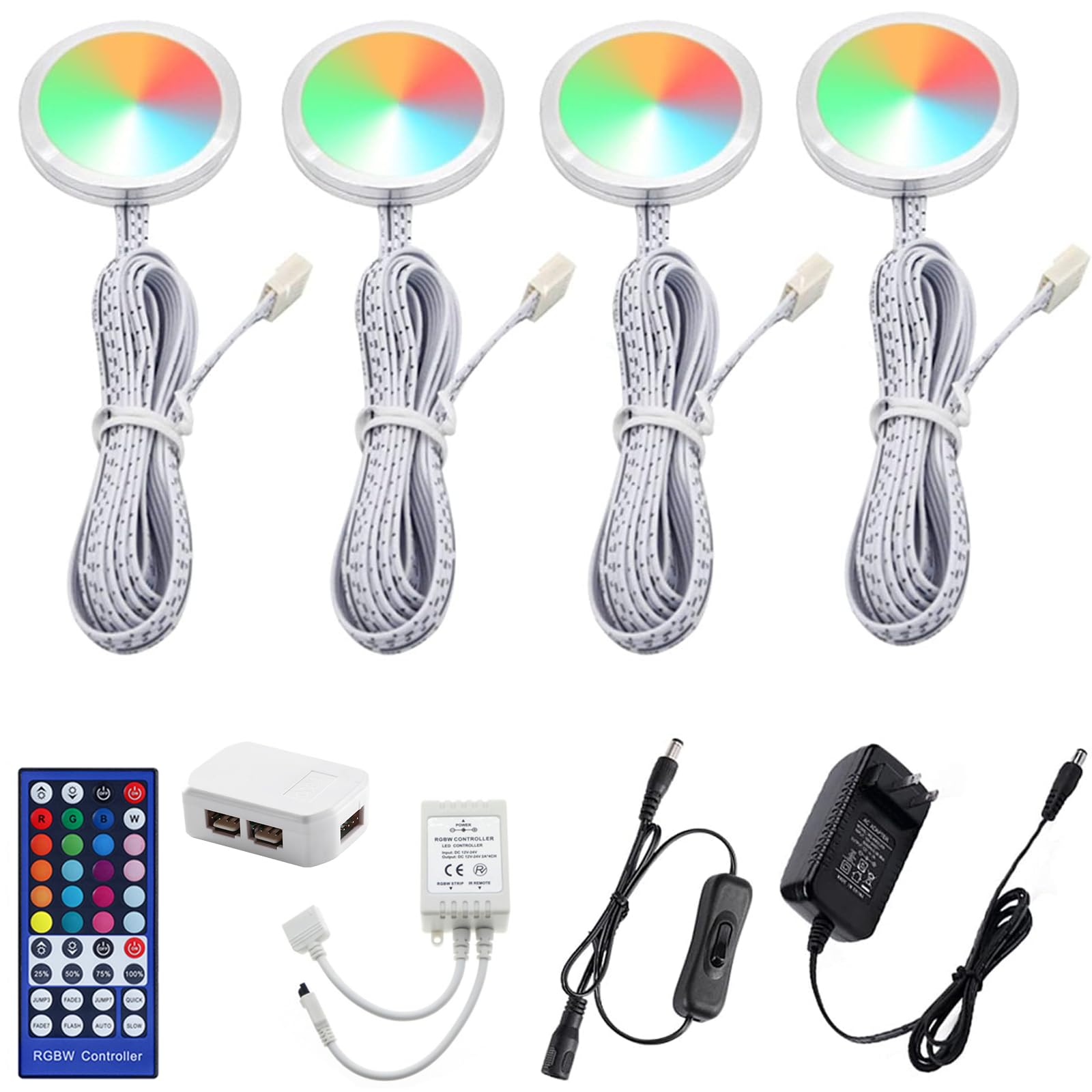 AIBOO RGBW Under Cabinet LED Lights Kit with IR Remote, 4 Puck Lights, 12W for Kitchen Ambiance Lighting