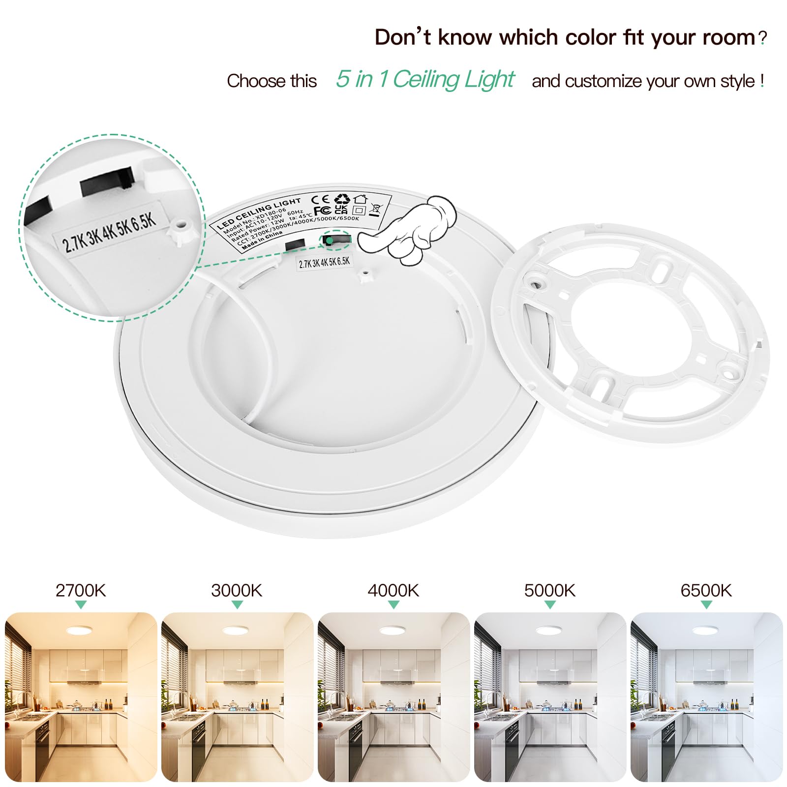Brightever LED Flush Mount Ceiling Light, 7 Inch, 12W Dimmable, 2700K-6500K Adjustable, Model XD180-06, White
