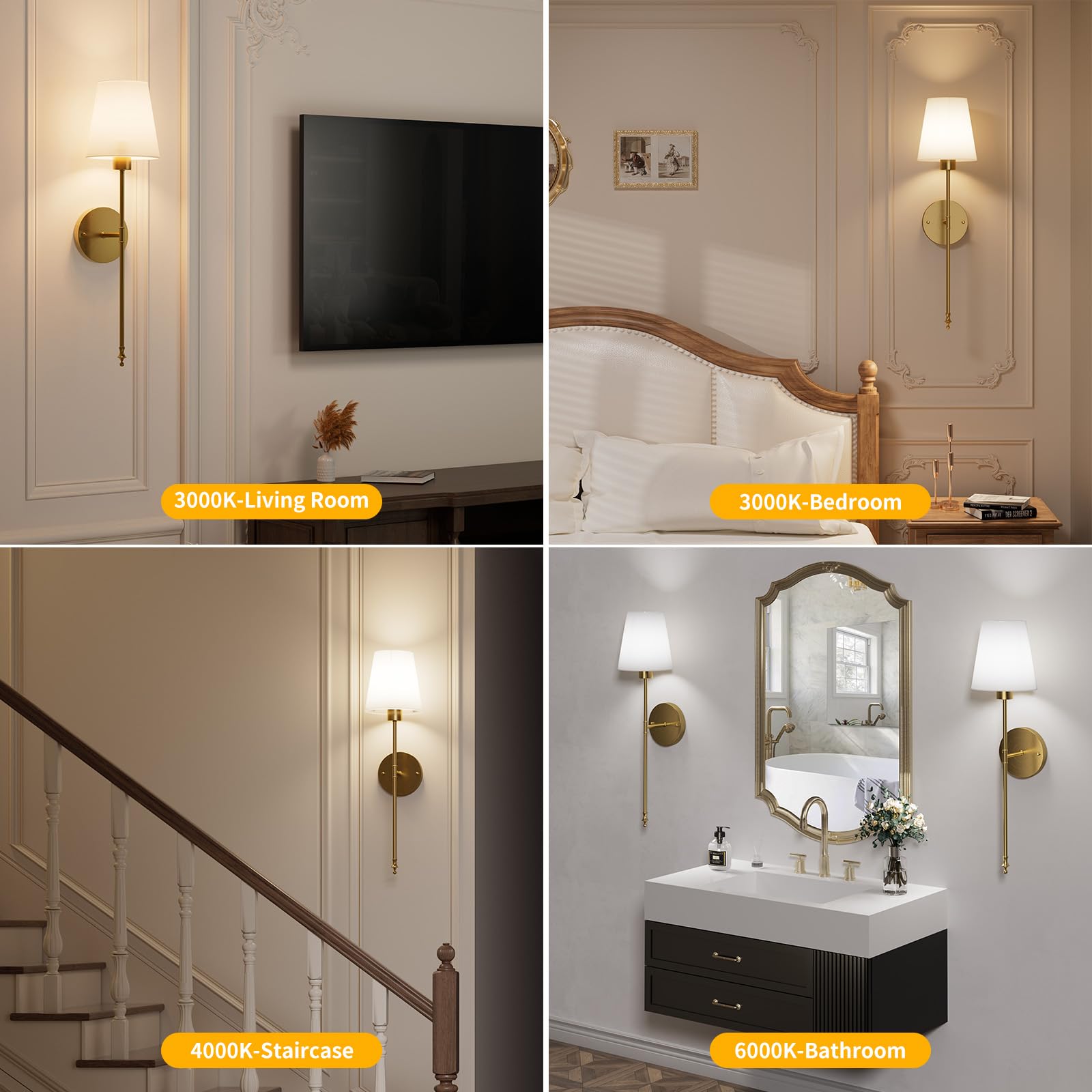 Brightown Battery Operated Wall Sconces, Set of 2, Gold, Cordless, Dimmable, 12 Colors, Rechargeable Bulbs, Model BWS-001