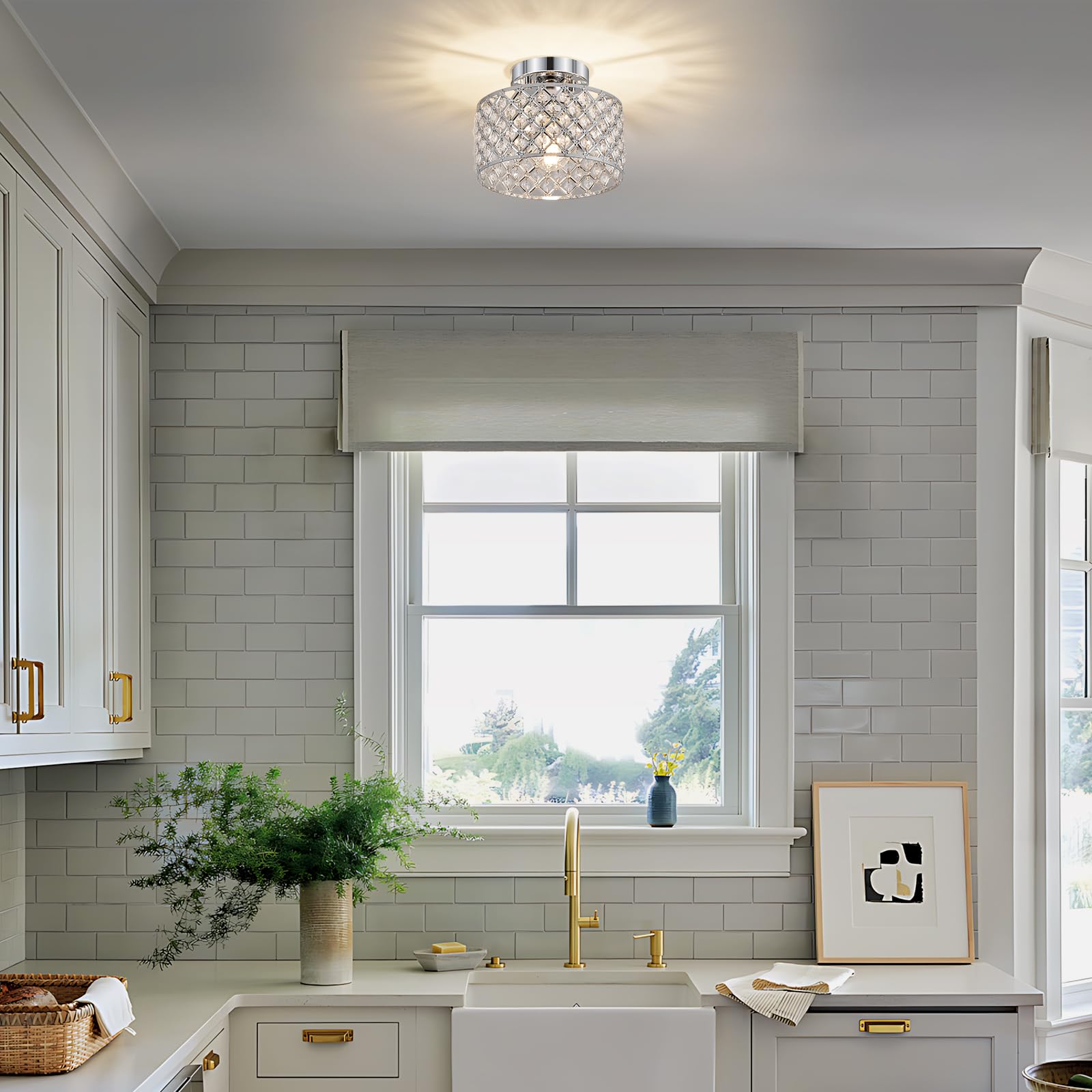 Chrome Crystal Ceiling Light Fixture Modern Semi Flush Mount Ceiling Lighting Fixture Round Small Chandelier For Hallway  Entryway  Laundry Room  Kitchen  Bedroom  Foyer  Bathroom  1 Light  9 Inch