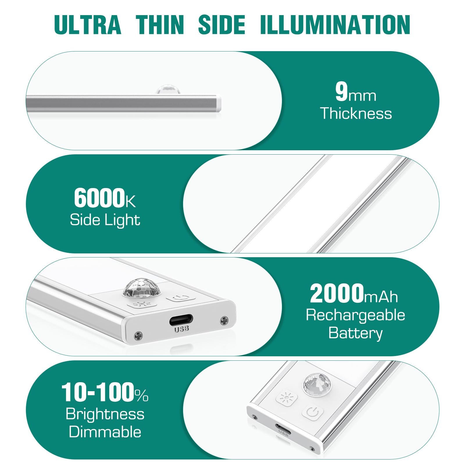 DEALGADGETS 3 Pack Under Cabinet Lights, 52 LED Rechargeable, 12.2 Inch Silver, Motion Sensor for Kitchen and Closet Lighting