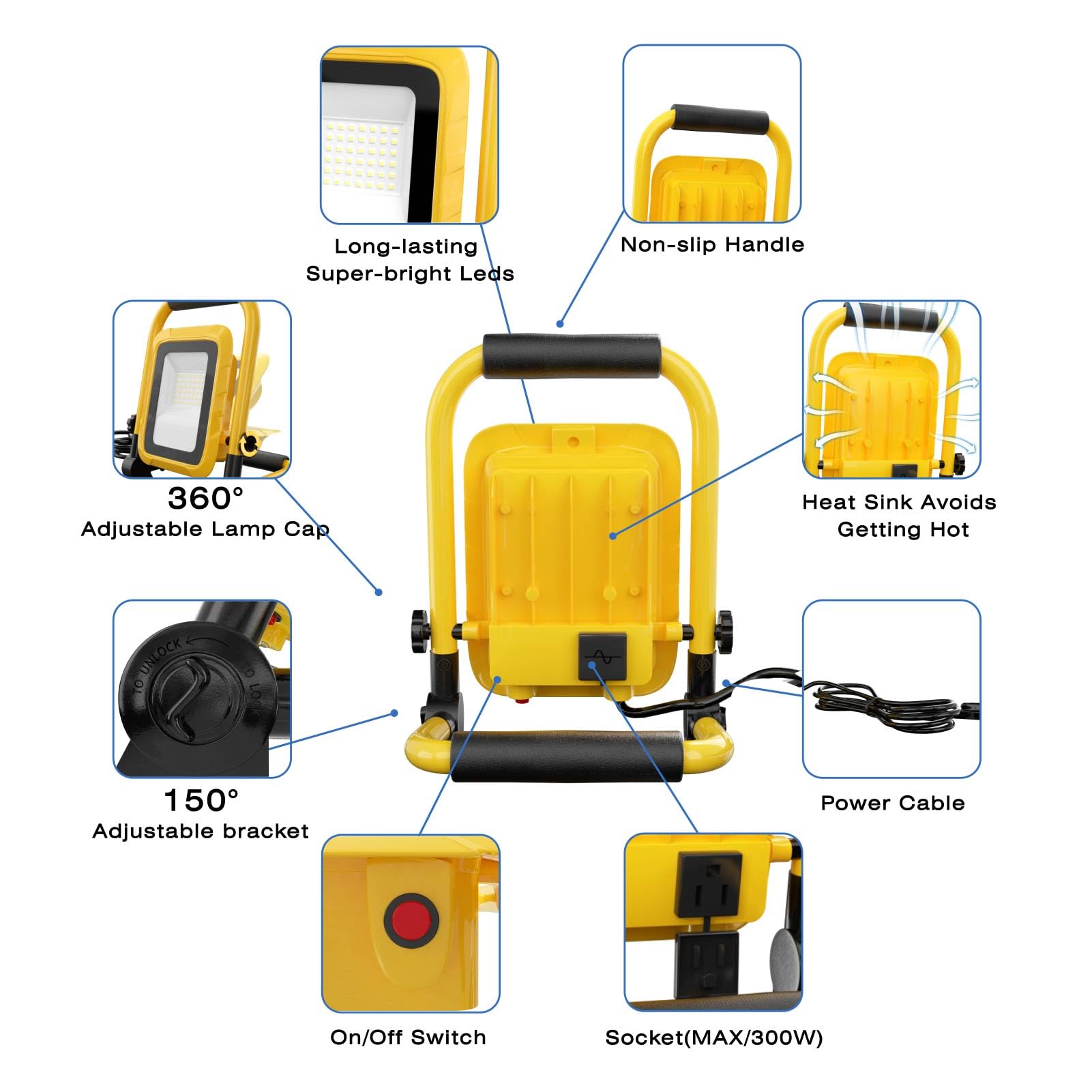 Lhotse 5000Lm Led Work Light, 30W Portable Flood Light With Socket, Outside Work Lights With Stand, Angel Adjustable Worklight For Workshop Garage,Construction Site, Ip54 Waterproof