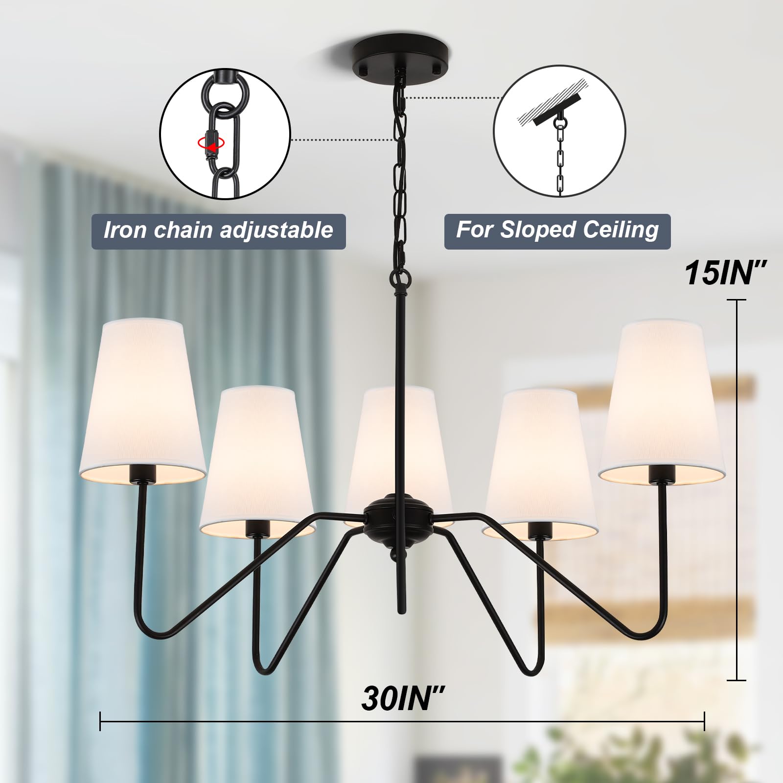 Jsdorsy Chandeliers For Dining Room  Modern Pendant Light Fixture Over Table With White Shade Classic Ceiling Hanging Lighting For Living Room Hallway Bedroom  5-Arm  30 Dia  Height Adjustable