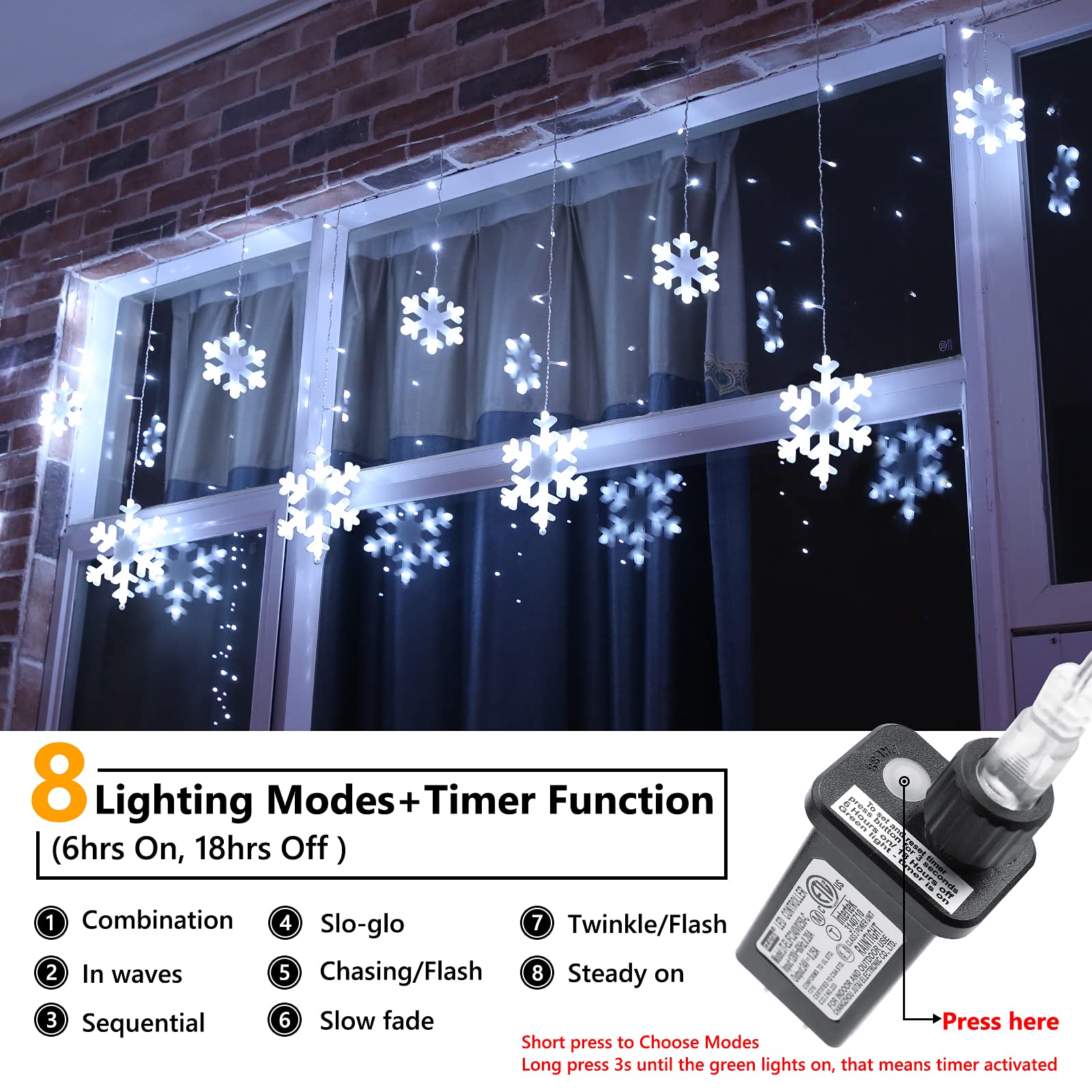 Toodour Christmas Snowflake Lights Outdoor, 17.22Ft 264 Led Snowflake Icicle Lights With 22 Drops, Connectable, 8 Modes Waterproof White Christmas Lights For Curtain, Eaves, Window, Xmas Decorations