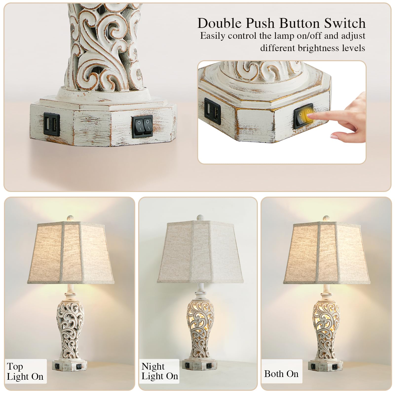 Reyokale 25'' Farmhouse Table Lamp - Vintage Rustic Design, 2 USB Ports, White Hollow Out Resin, Nightstand Desk Lamp, Bulb Included