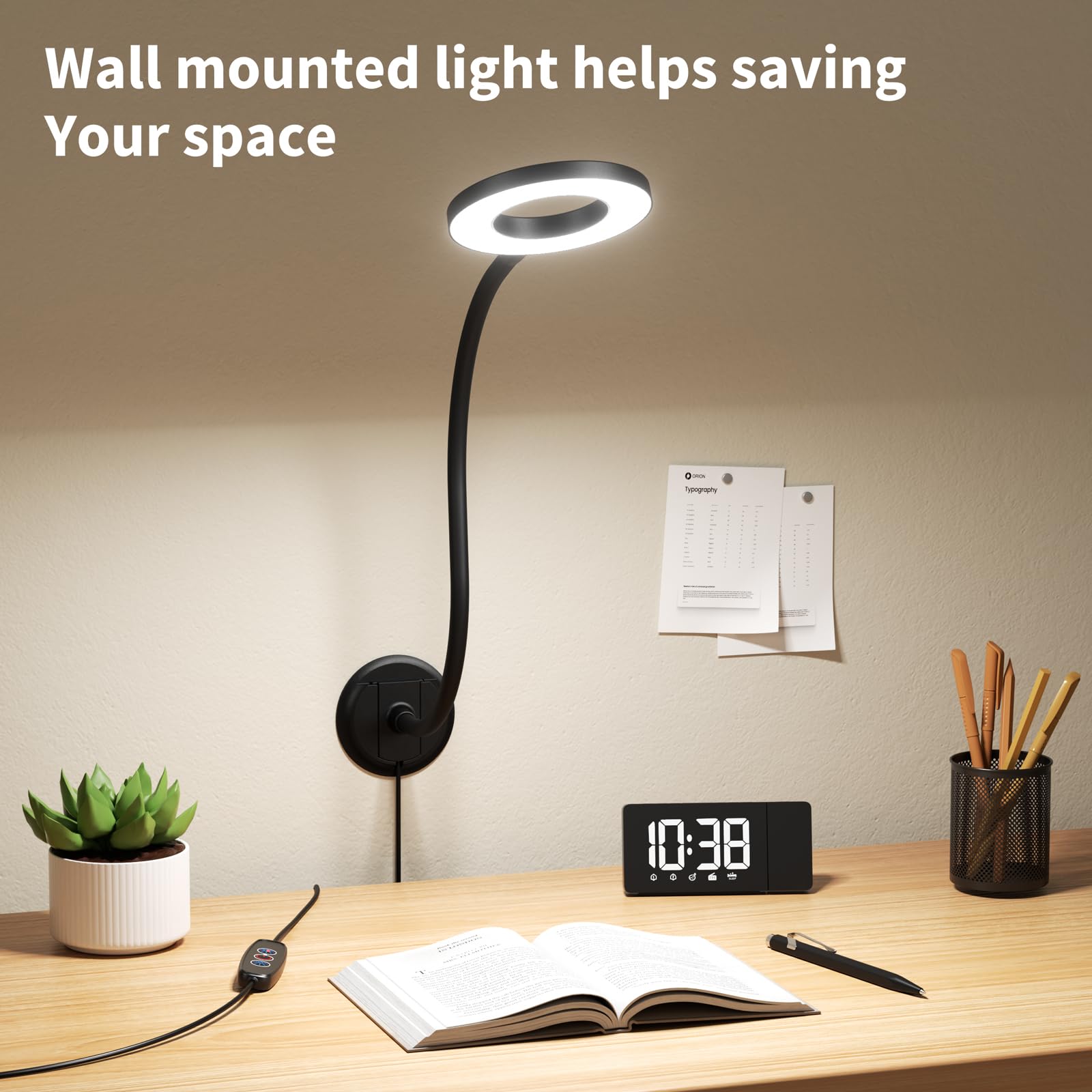 Kaulsoue Wall Mounted LED Lamp - 360° Adjustable Gooseneck, Eye Care, Black, Model KX10, Perfect for Reading & Workbench Use