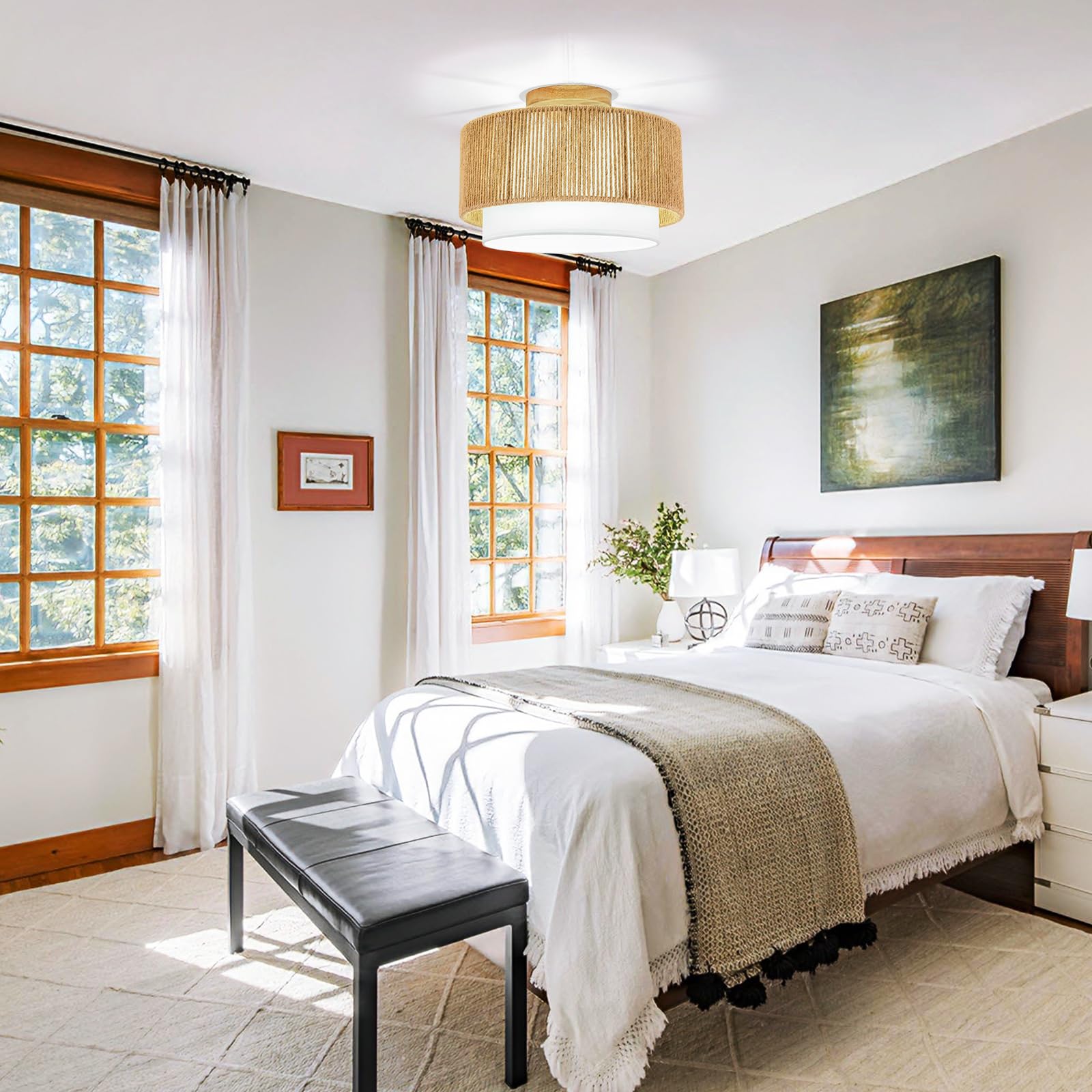 Sinerise 12'' Rattan Flush Mount Ceiling Light Fixture,2-Tier Drum Hand-Woven Boho Flush Mount Ceiling Light,Farmhouse Light Fix