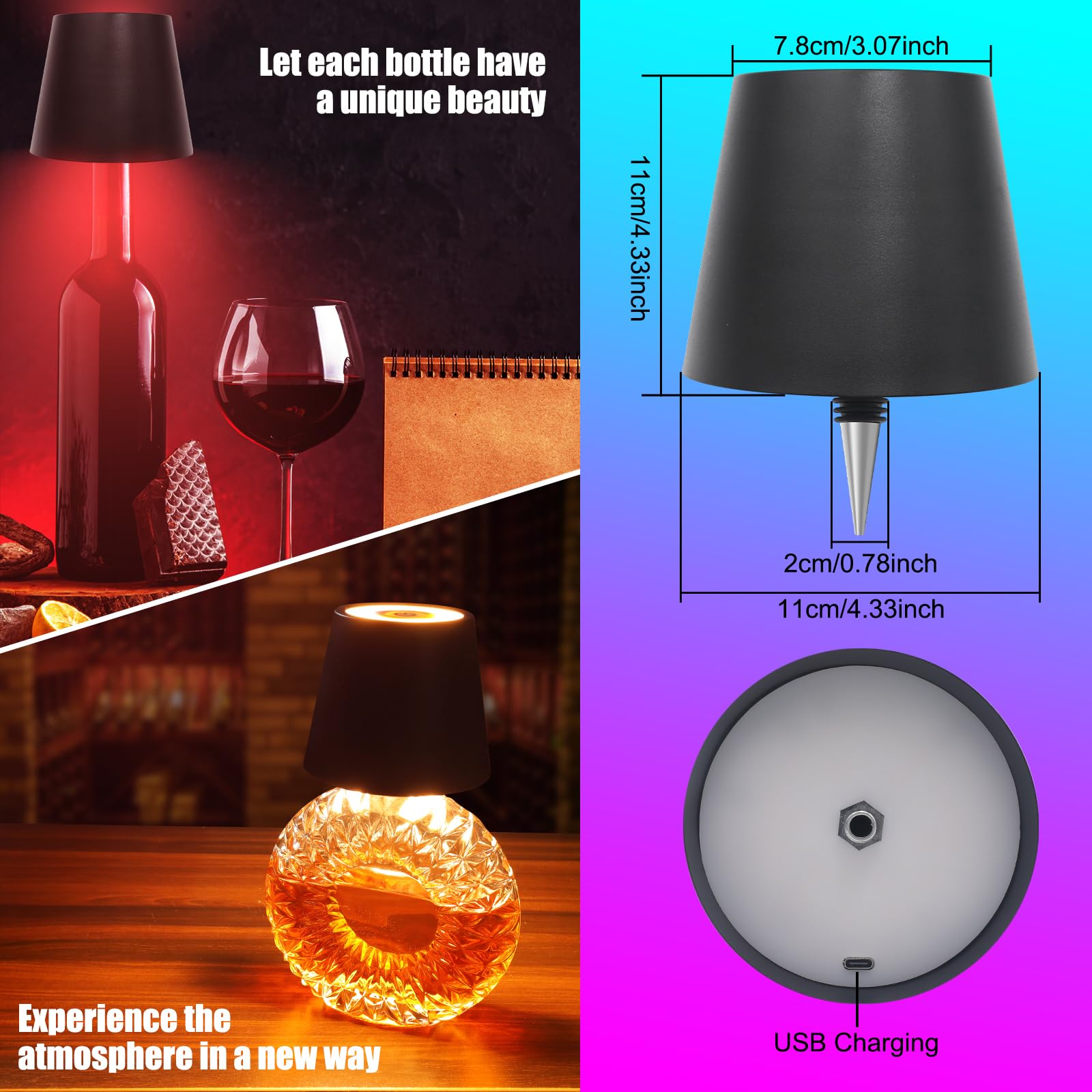 Tgxcf Wireless Bottle Lamp With Metal  Rgb Modes & 3 Color Stepless Dimming Wine Bottle Lamp Shade  Touch Led Rechargeable Dimmable Bottle Table Lamp  For Dining Room Bedroom Bar(Black)