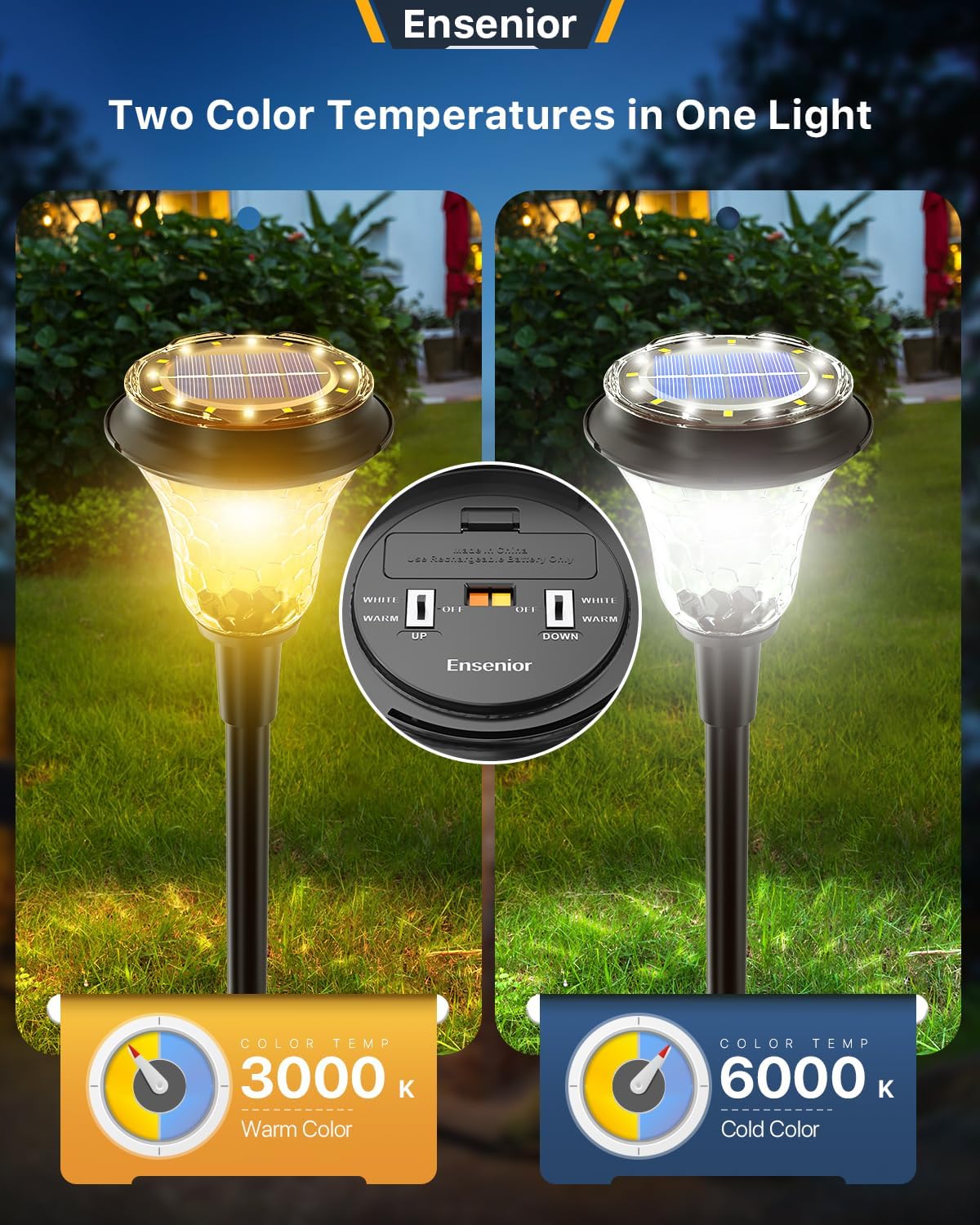 Ensenior 2CCT Solar Lights Outdoor Waterproof 6 Pack, 3000K/6000K Selectable, LED Solar Landscape Up and Down Lighting for Outdo