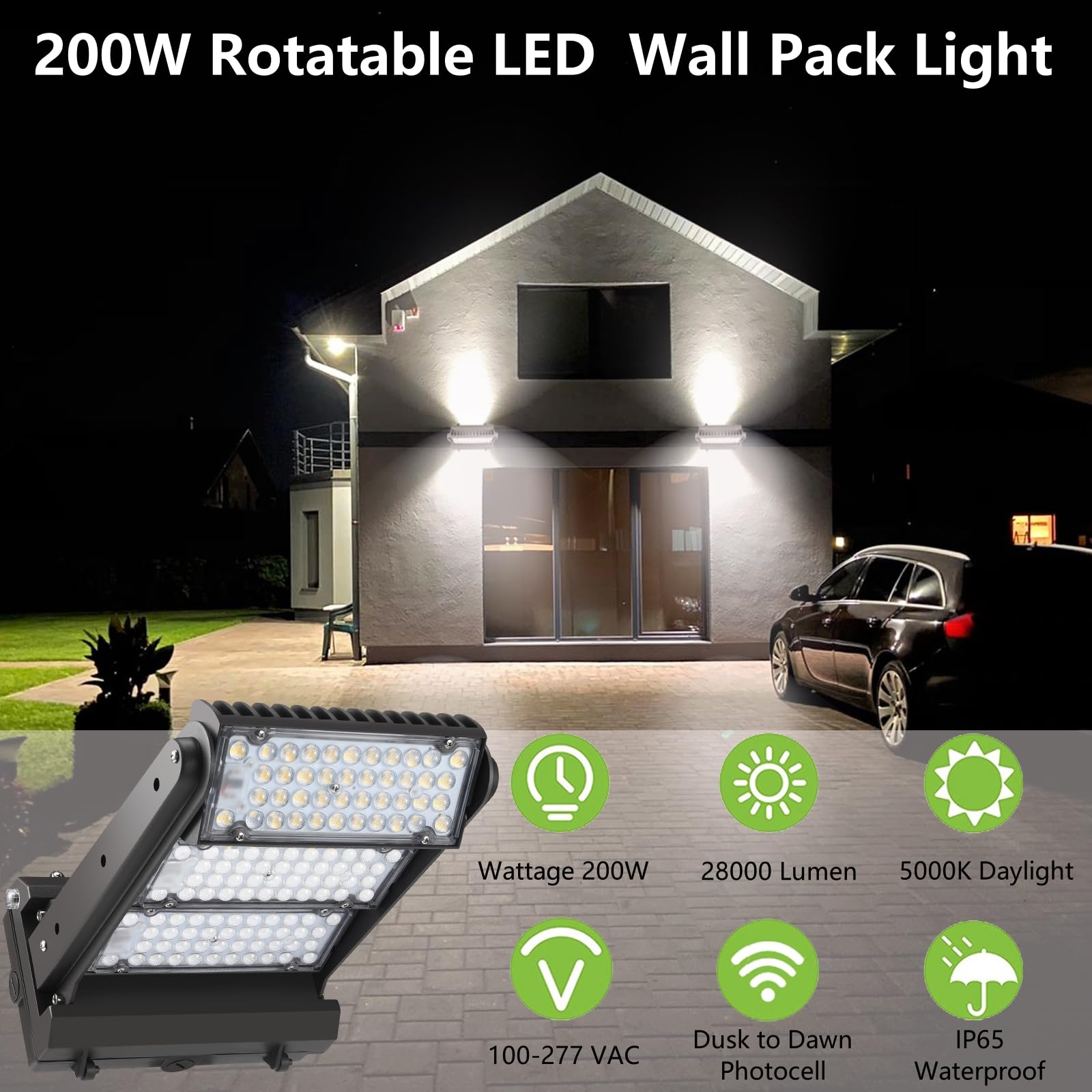 ECCFUTLL 200W Rotatable LED Wall Pack Light, 5000K, 28000LM, Brown, Model RWP200WLY, ETL Listed for Outdoor Use