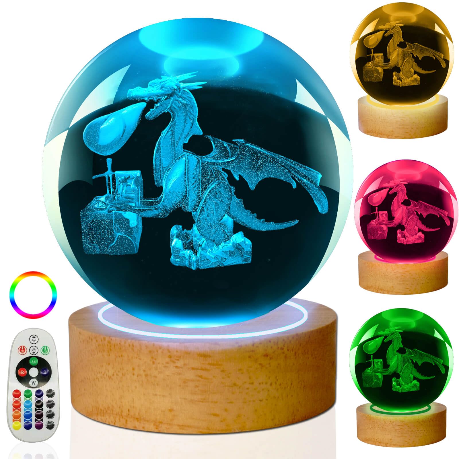 LINSINA 3D Dragon Lamp, 16 Colors Crystal Ball Night Light, Wooden Base, Remote Control, Model lamp-01, Color Dragon Treasure