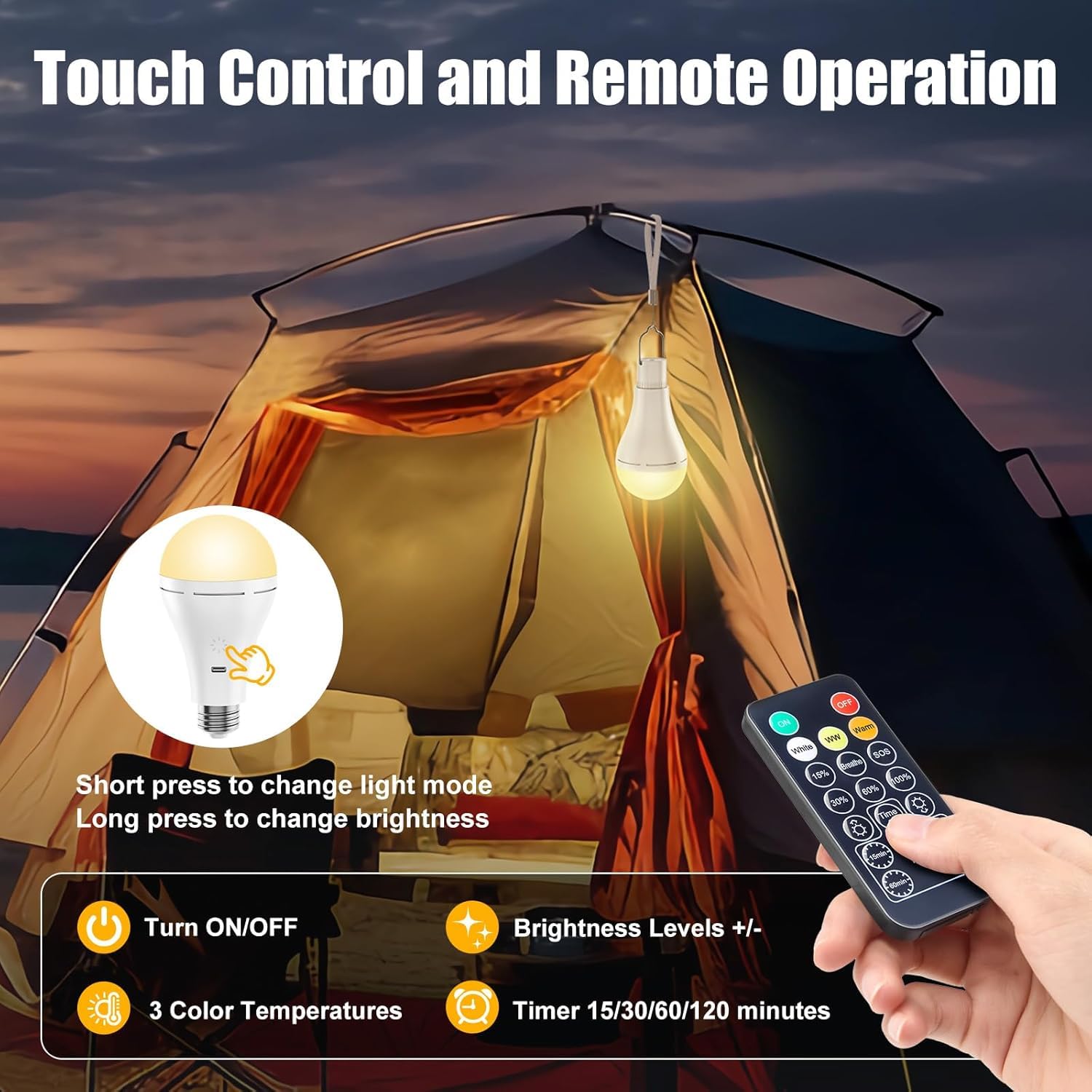 Brightown Rechargeable LED Light Bulb, 700LM, 6000K, 2 Pack, Pure White, with Remote & Timer, Battery Emergency Light for Home & Camping