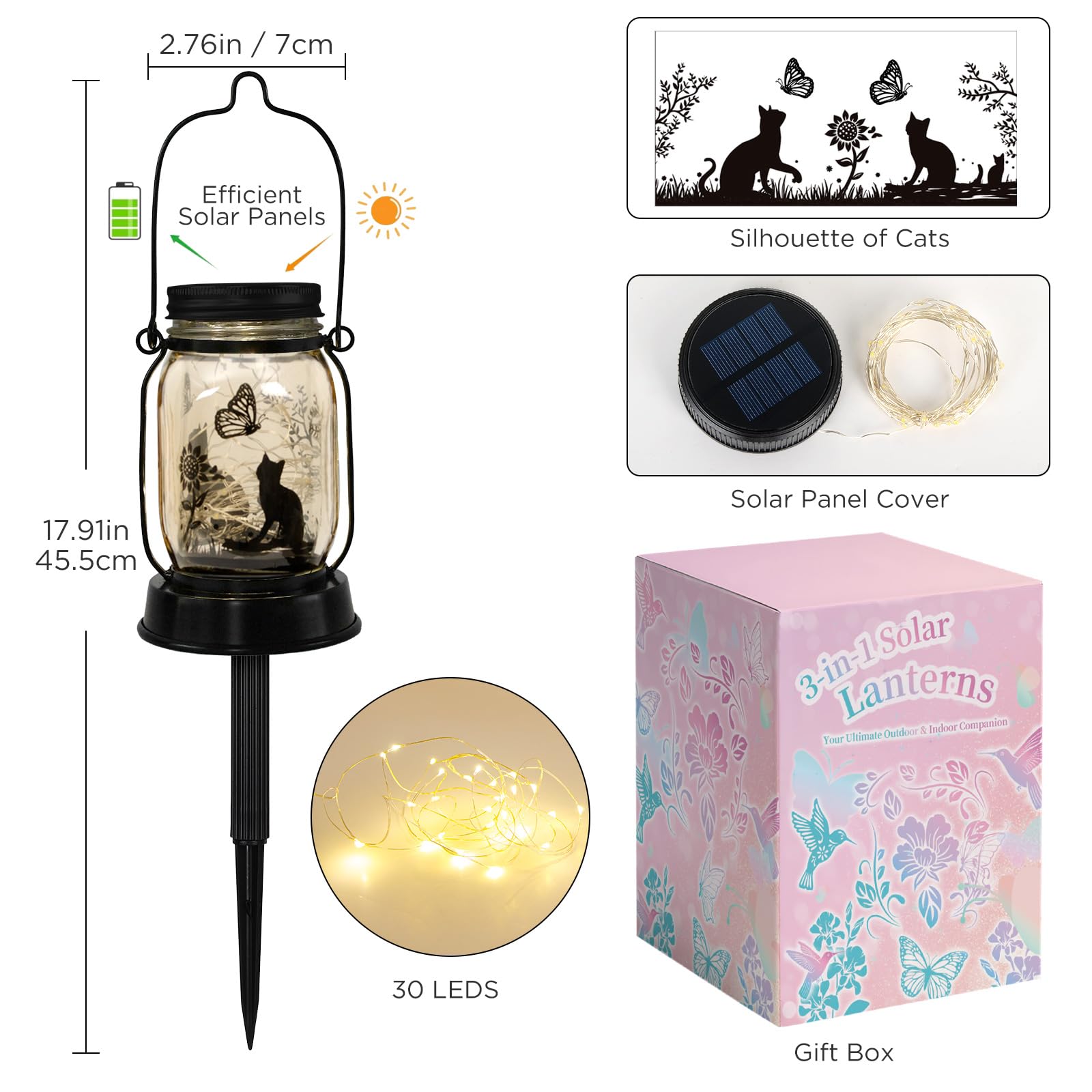 Cat Solar Lanterns 3-In-1 Cat And Butterfly Solar Lights Outdoor Decor Cat Lover Gifts For Women Men Cat Lovers Gifts Hanging Ca