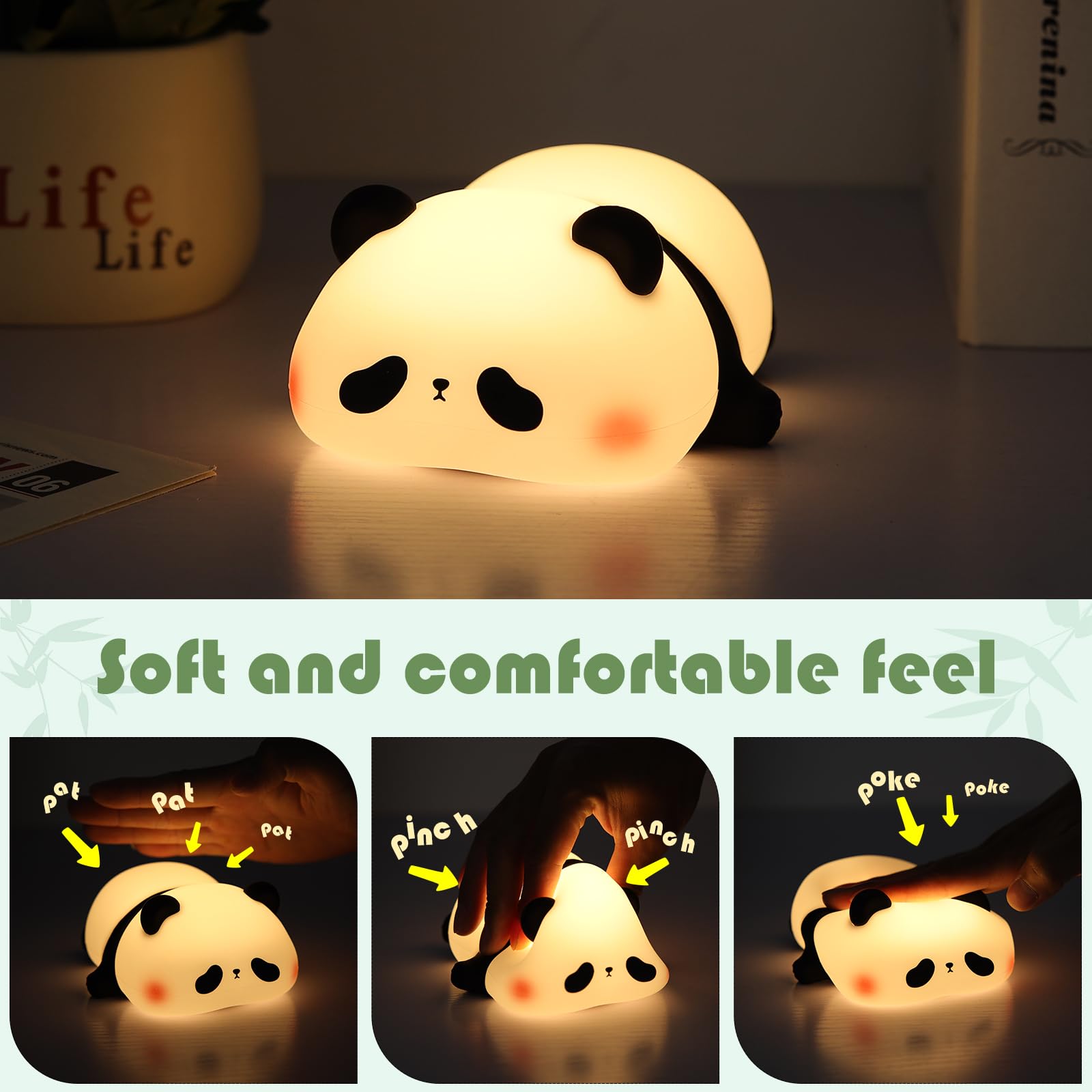 YISUN Cute Panda Night Light with White Noise, LED Squishy Night Light, Soft Silicone Nursery Nightlight Rechargeable LED Touch
