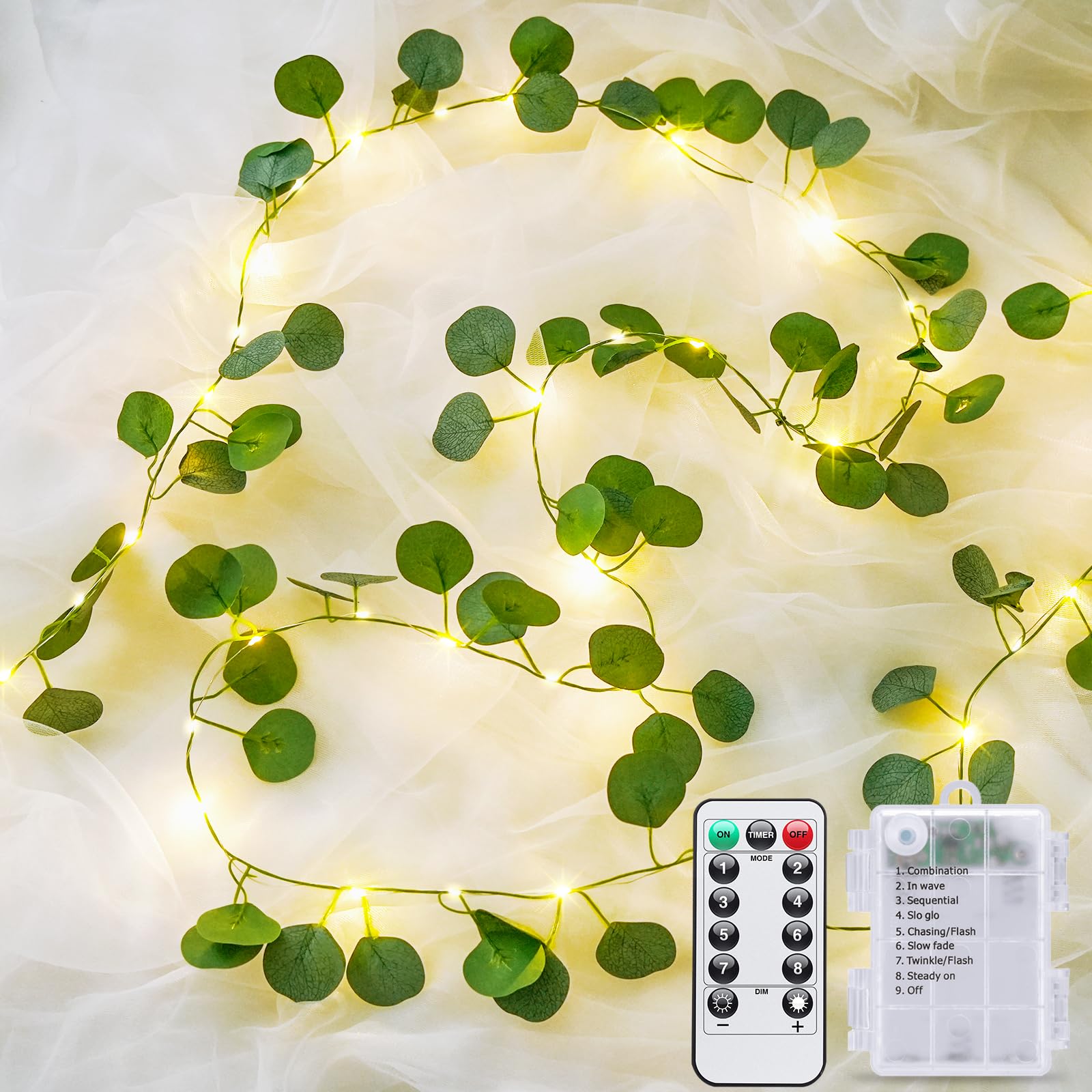 JMEXSUSS 33 FT 100 LED Eucalyptus Vine Fairy Lights  Vines with Lights Battery Operated with Remote  Eucalyptus Leaf Light Garland Indoor Outdoor for Bedroom Wall Classroom Party Decor(Warm White)