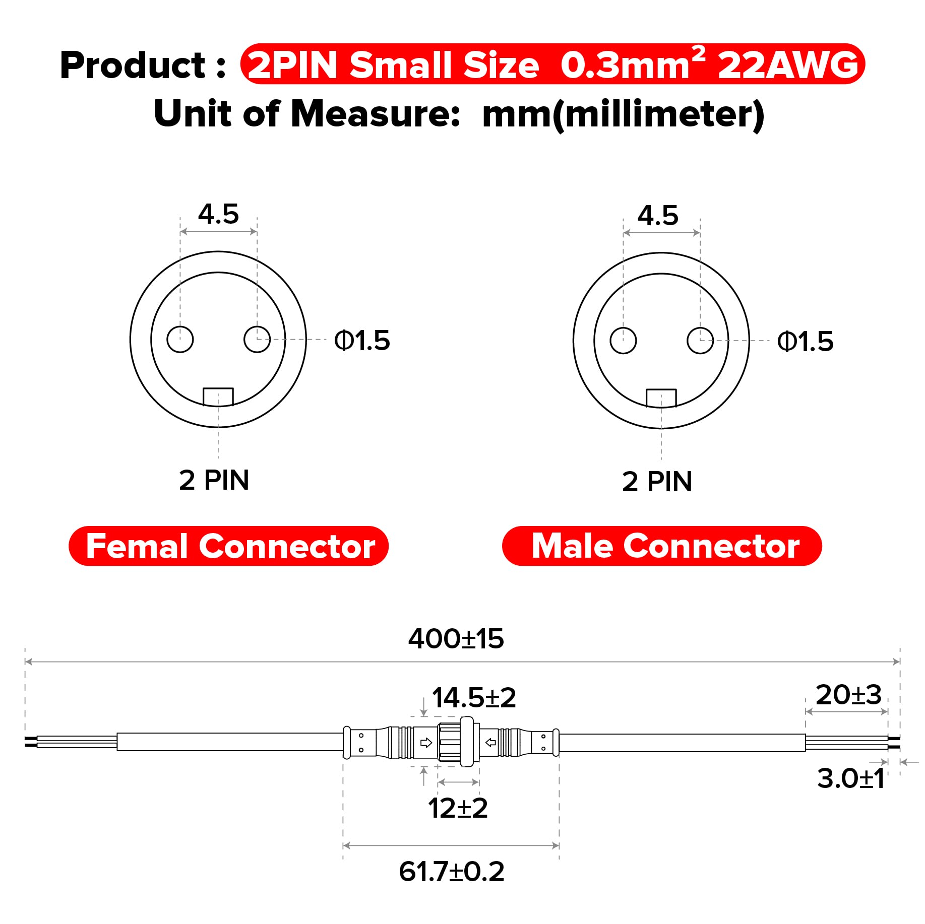 Hysmigor 2 Pin Electrical Connector 22Awg Ip65 Male Female Connector 7.87In/20Cm Extension Cable For Car,Truck,Boat,Indoor/Outdo