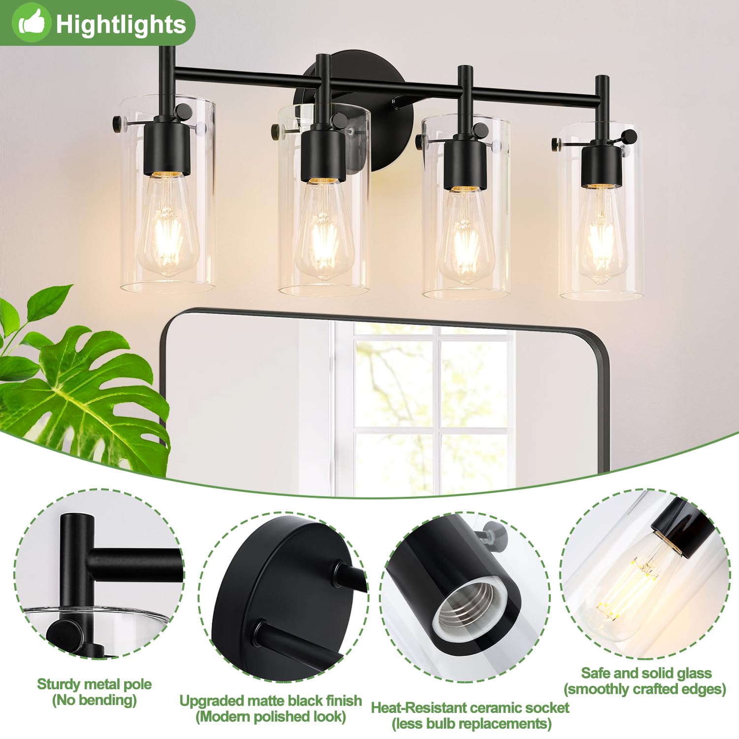 Bathroom Light Fixtures 2023 Upgrade, 4-Light Matte Black Bathroom Vanity Light, Black Bathroom Lights Over Mirror With Clear Gl