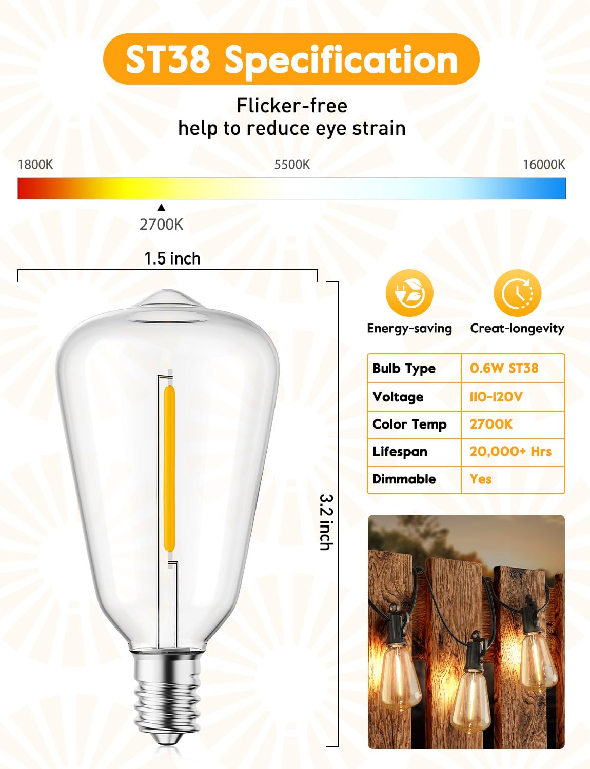 Minetom 15 Pack St38 Led Light Bulbs, Outdoor String Light Replacement Bulbs Equivalent To 7W Incandescent Bulb, Shatterproof Ed