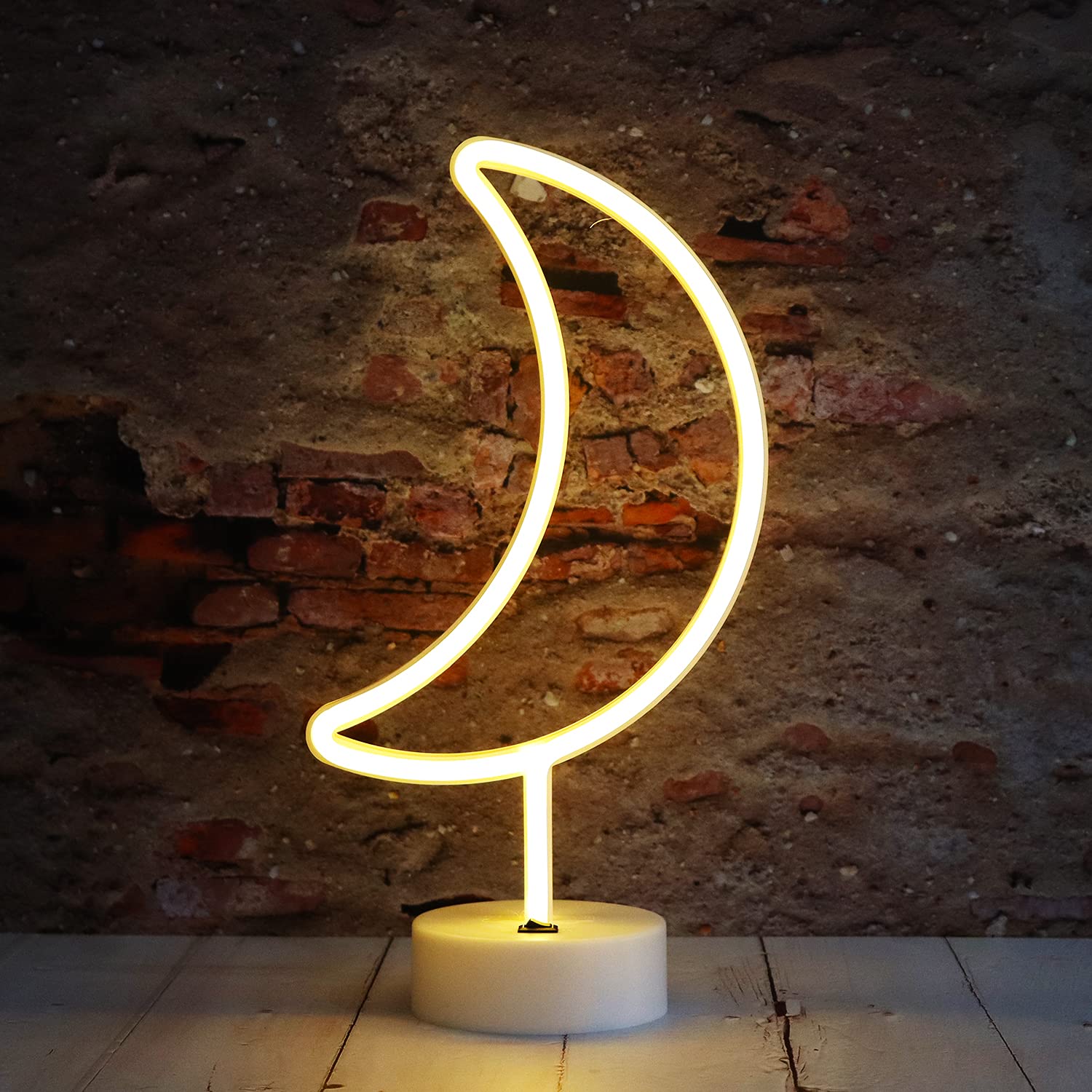 Led Moon Neon Signs, Crescent Night Lights Usb Battery Operated Moon Lamp For Birthday Party, Wedding, Halloween, Christmas Decorations-Moon With Holder Base(Warm White)