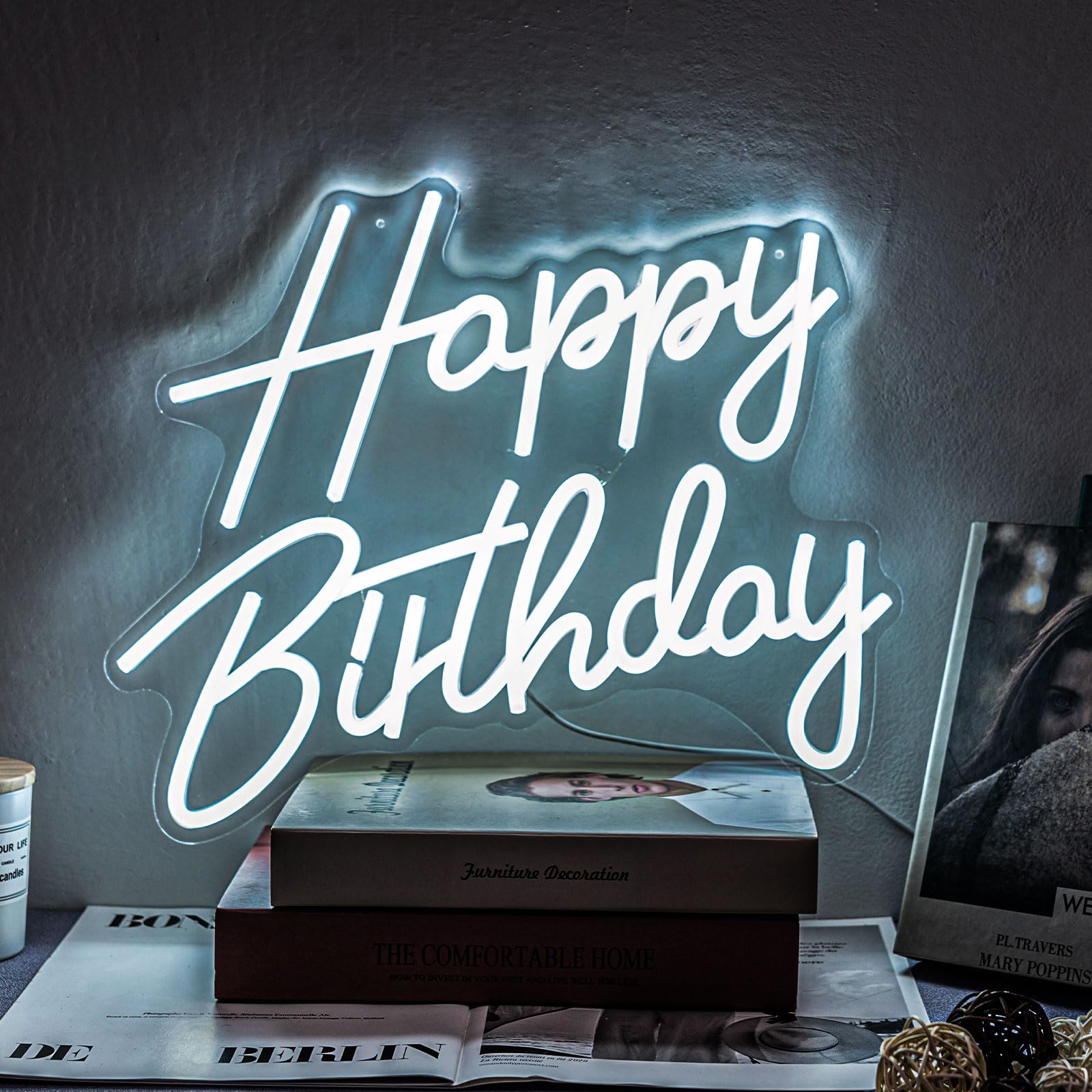 Gevbay Neon Birthday Sign LED Wall Decor Ice White 15.82 x 13.02 inches Acrylic Model GC-2401019-2