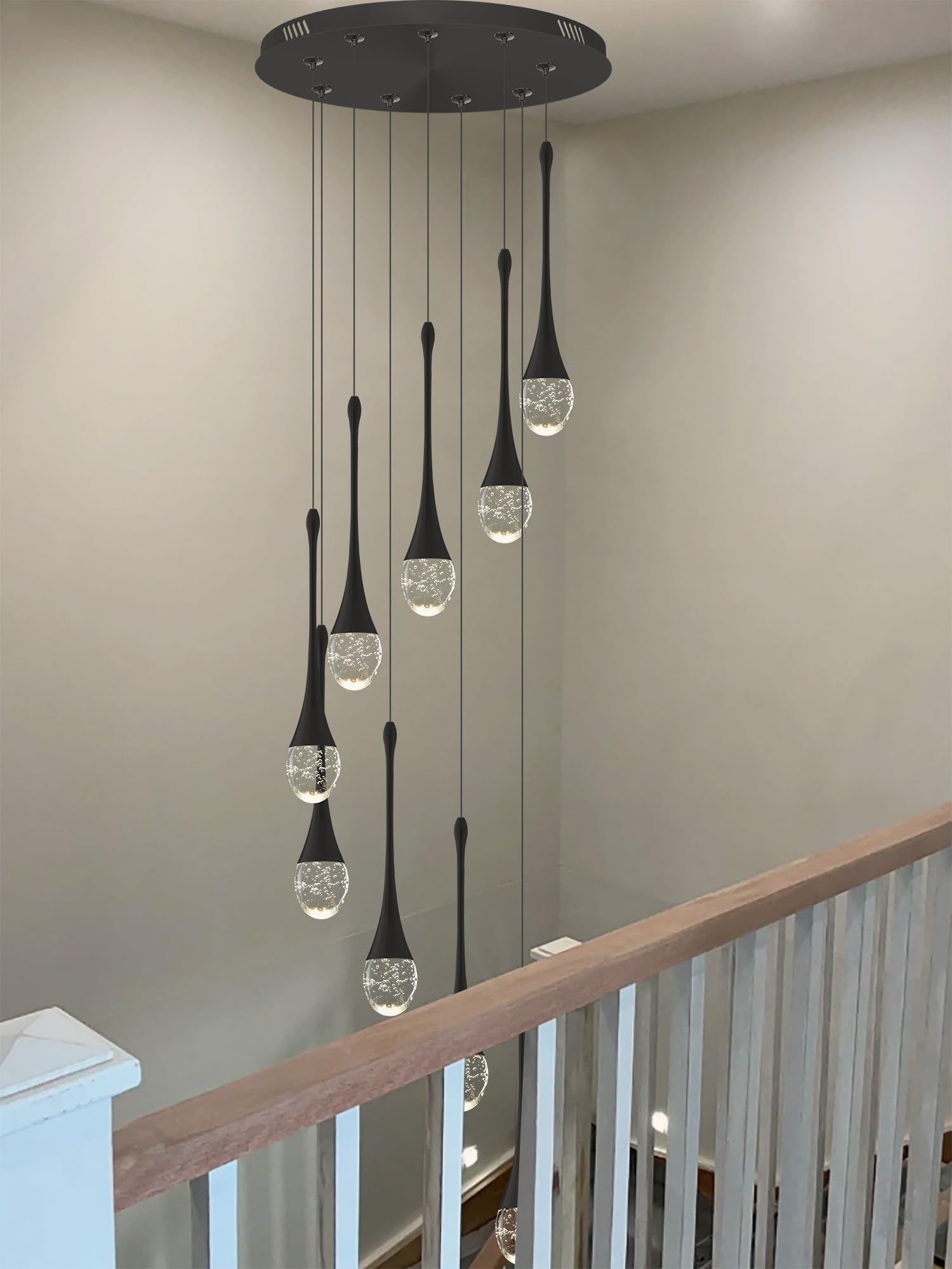 Ykolupty 9-Lights Black Pendant Chandliers 100'' High Staircase Ceiling Chandeliers Crystal Bubble Raindrop Lighting Chandelier Ceiling Living Room Dimmable 2700-6000K Led Dining Lighting